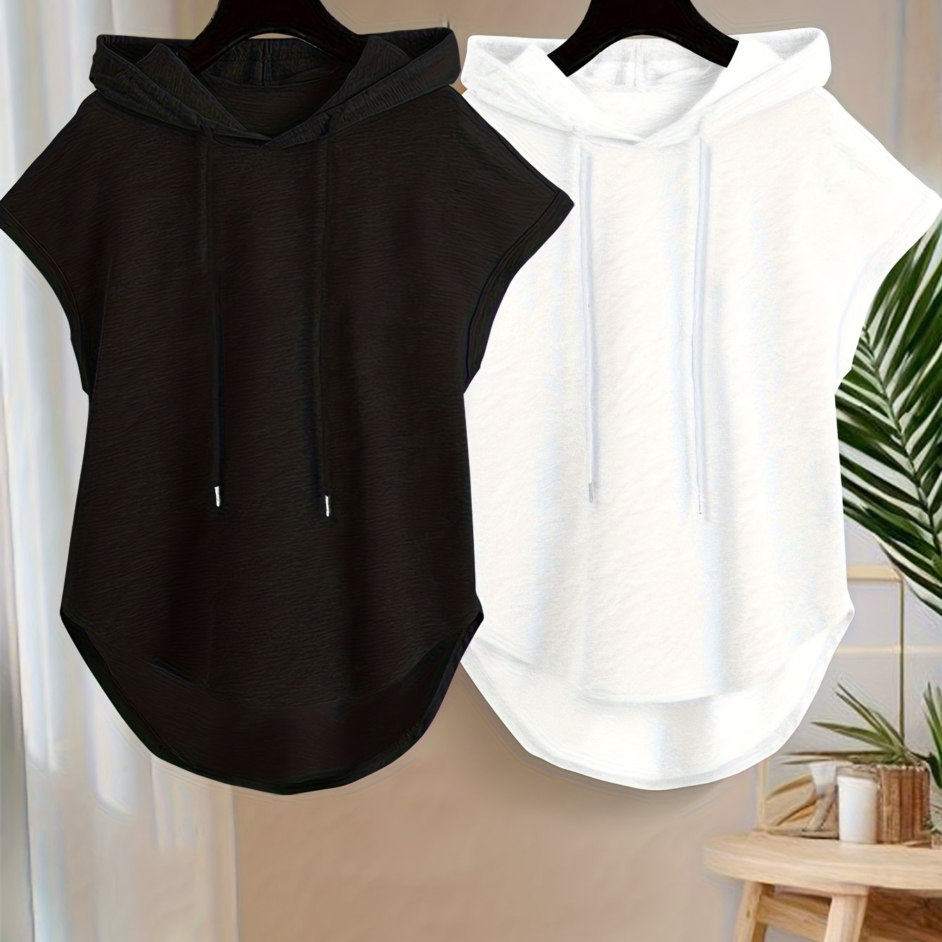 E-shop 2 Stück Damen Casual Kapuzenpullover ohne Ärmel – Einfarbig mit Metallakzent-, Lockerer Schnitt, Maschinenwaschbar, Frühling/Herbst Essentials