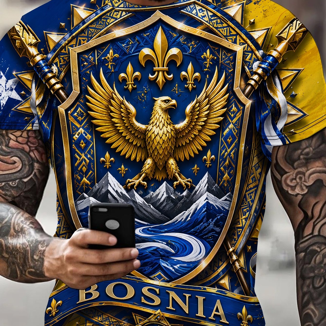 TEMU Bosnia Lily Mountain Men's Casual Graphic Print Short Sleeve T-shirt, Round Neck, Comfortable & Breathable, Fashionable For Summer Beach,