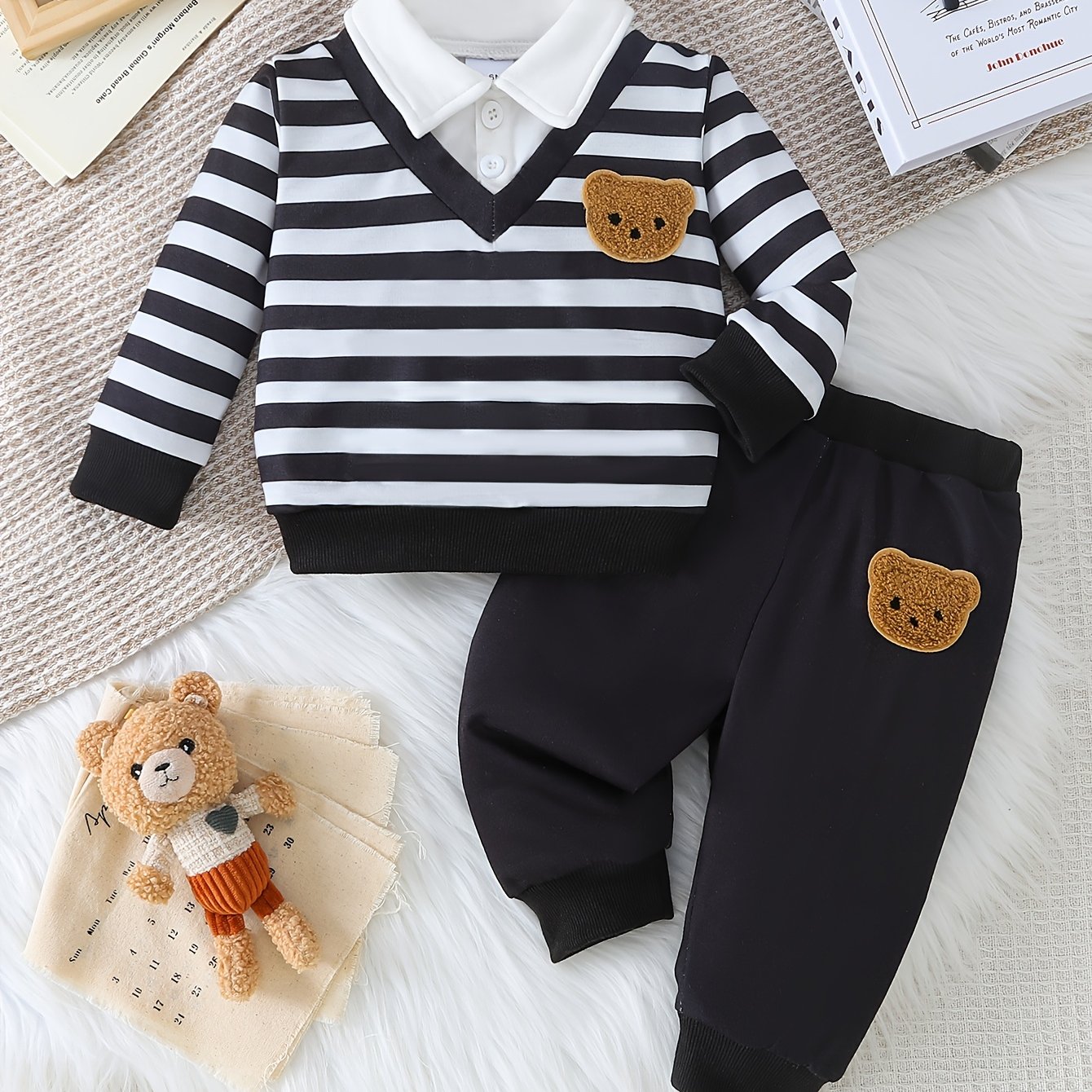 Fashion Boys' Striped Collared Long Sleeve Bear Patch Top + Comfortable Trousers Set Two-piece, Perfect For Outdoor