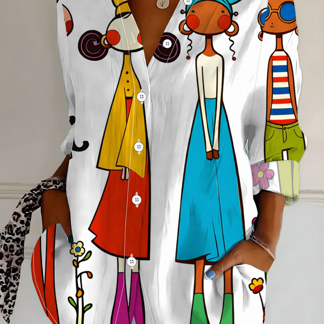 TEMU Plus Size, New Plus Size Women's Long Sleeve Printed Shirt, Versatile And Elegant Shirt For, Colorful Cartoon Fashion For, Loose 's Long Sleeve