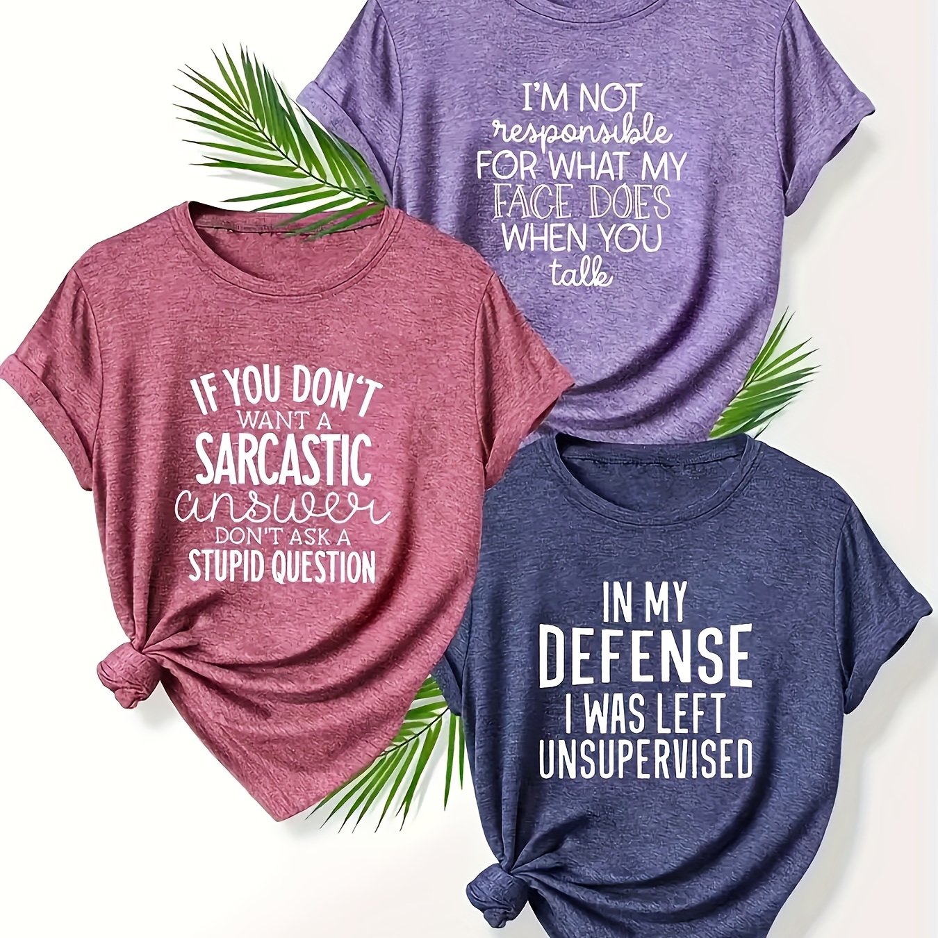 TEMU Three-pack Women's Letter Print Short Sleeve T-shirts - White With Large Letter Graphic, Round Neck, Loose Fit Summer Casual Wear, Plus Size,