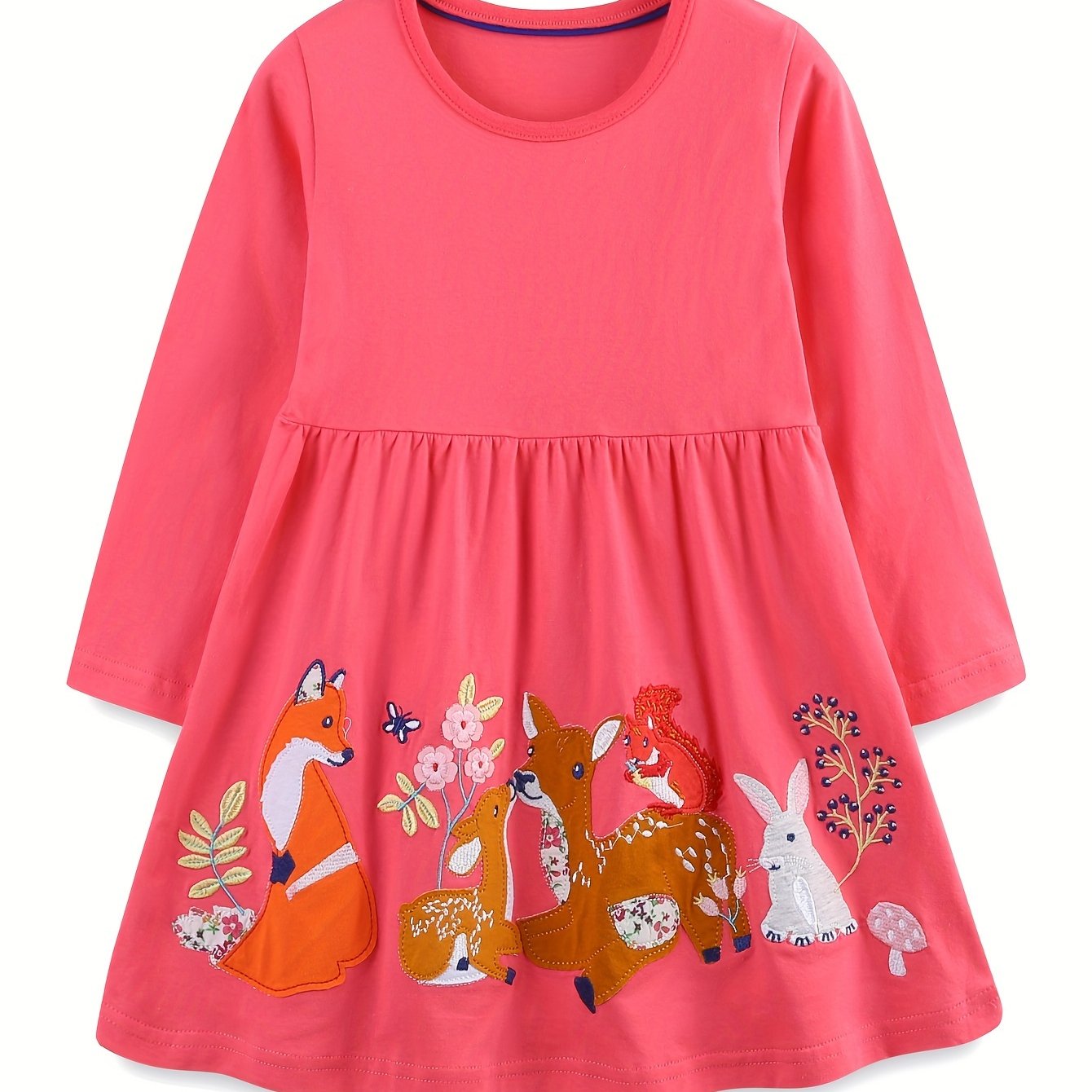 Image of Girls Long Sleeve Decal Dress Random Cartoon Animal Pure Casual Dress Basic 2-7y