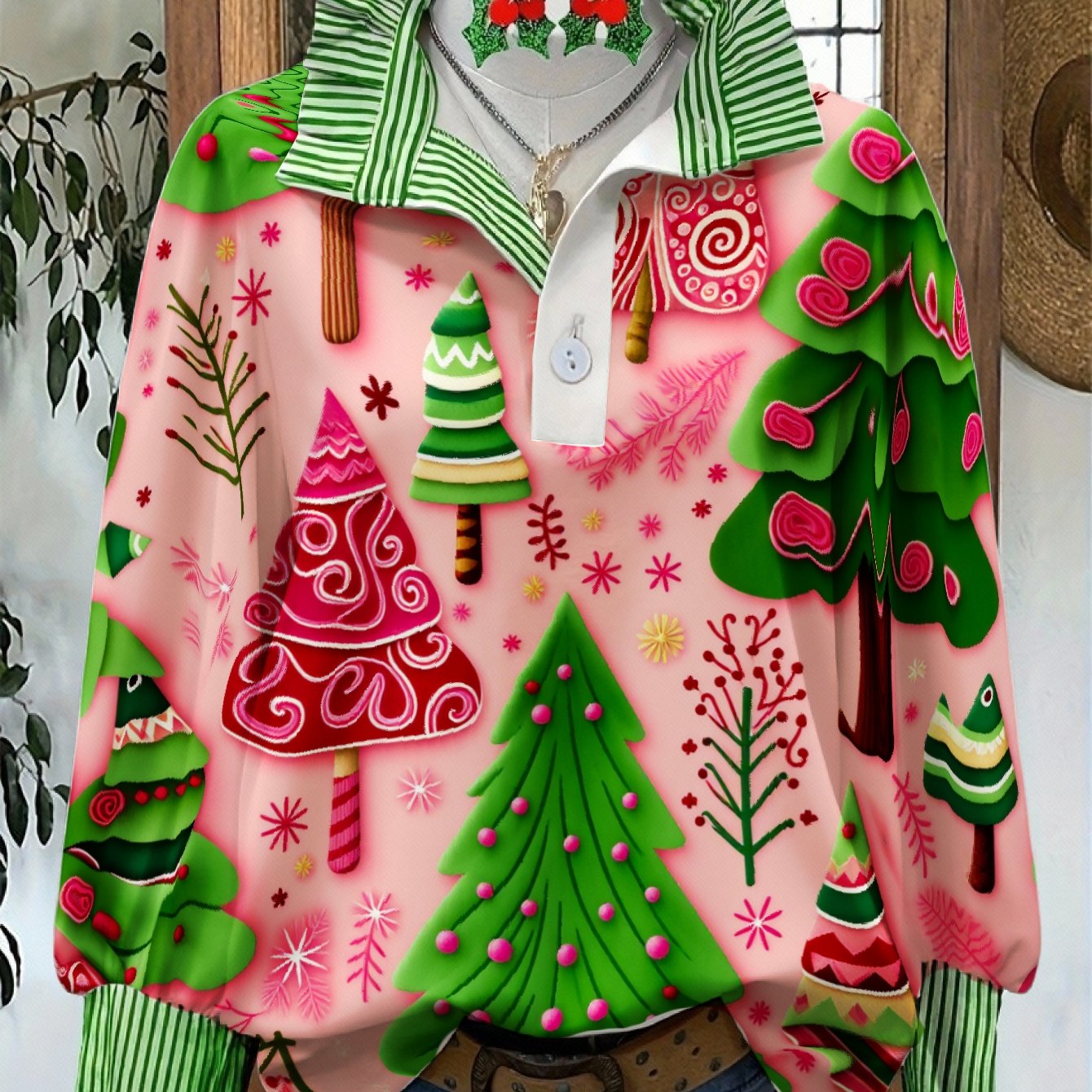 TEMU Women's Shirt Long-sleeved Green Christmas Print Merry Christmas Tree Striped Women's Shirt Top, Lapel, Casual Pullover Shirt Top, Machine