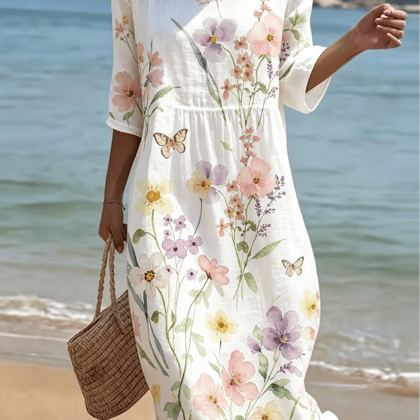 Image of Colorful Watercolor Wild Floral Printed Women's Midi Beach Dress, Half Sleeve Round Neck Elastic Waist Loose Vacation Dress, Soft Breathable Elegant Bohemian Summer Casual Sundress