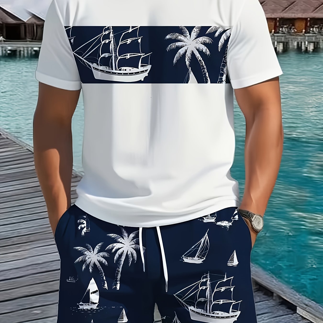TEMU Ensemble décontracté pour homme : T-shirt à col ras du cou + Short