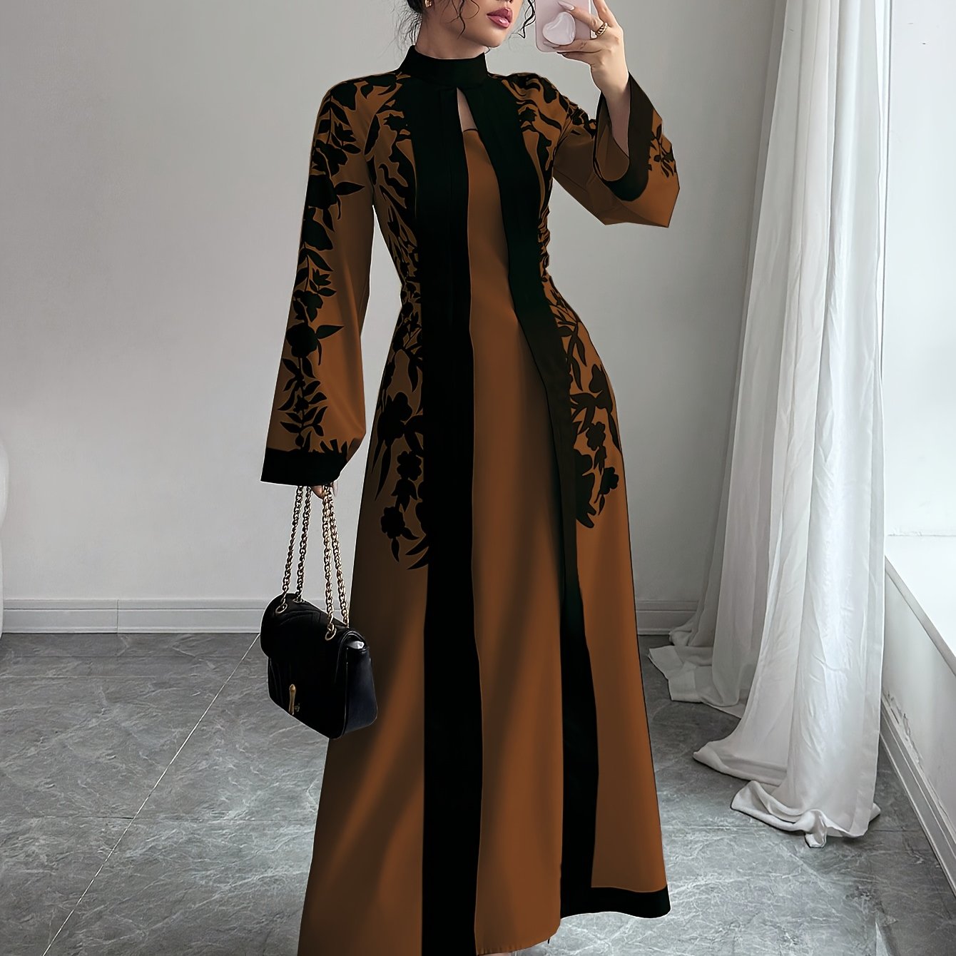 E-shop Modisches, elegantes zweiteiliges Herbst-/Winter-Maxikleid mit langen Ärmeln und floralem Print aus Kunststoff