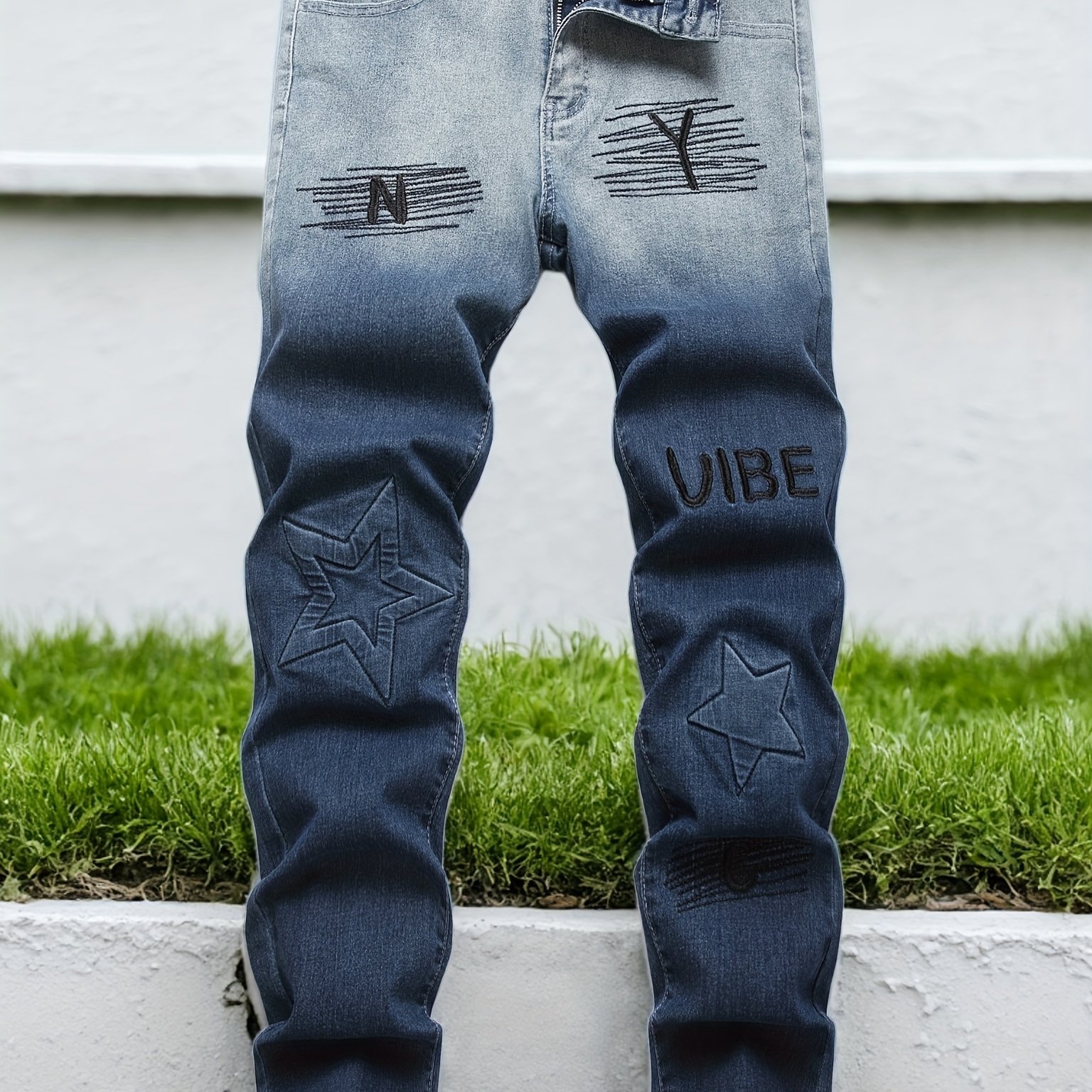 TEMU Men's Vintage Style Embroidered Jeans - Y2k Urban Patch Denim Trousers, Trendy Faded Slim Fit Stretch Jeans For Men