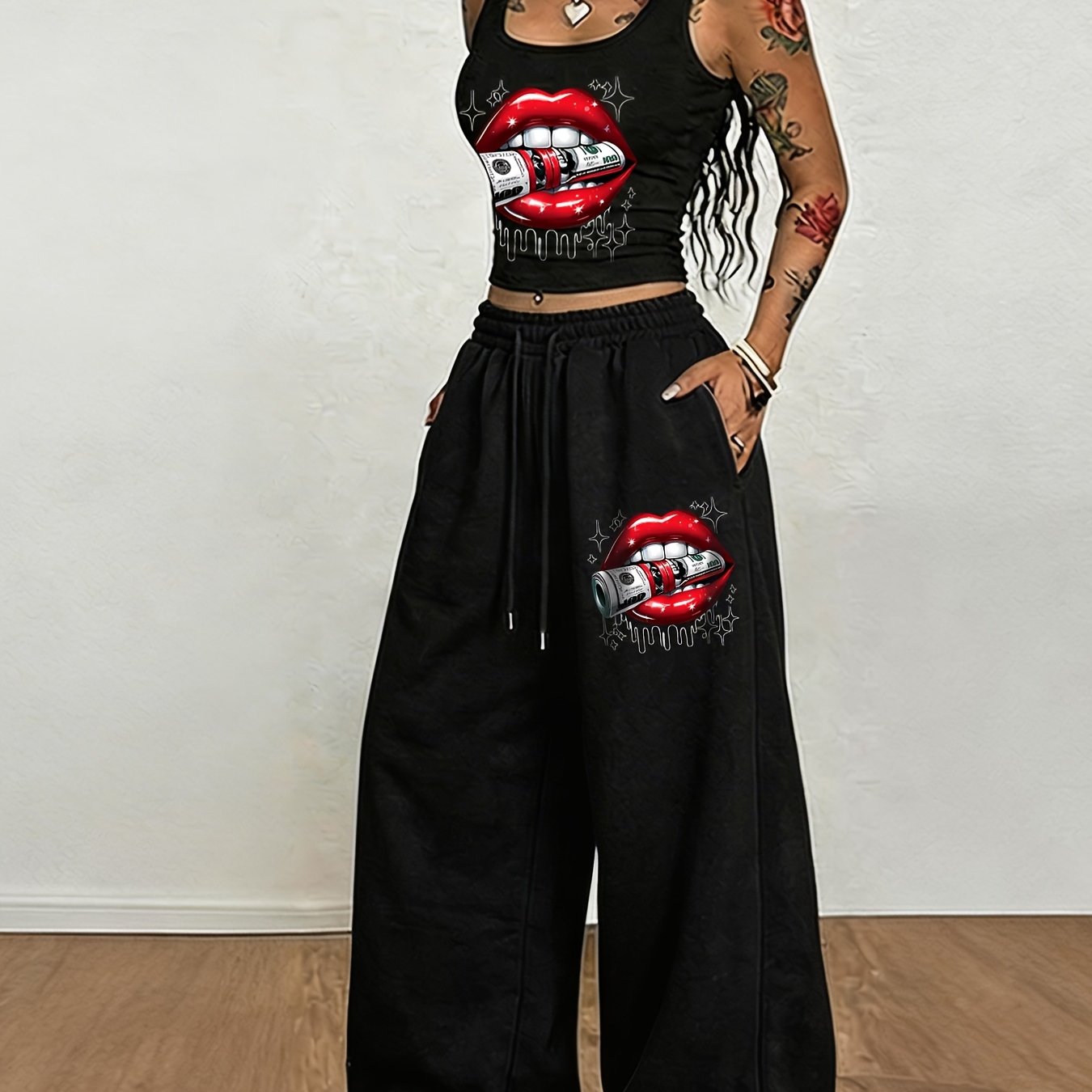 TEMU Street-style Cool And Sexy Red , Women's 2pcs Set, Featuring A Cropped Tank Top And Elastic Waist Drawstring Casual Sporty Wide-leg Pants
