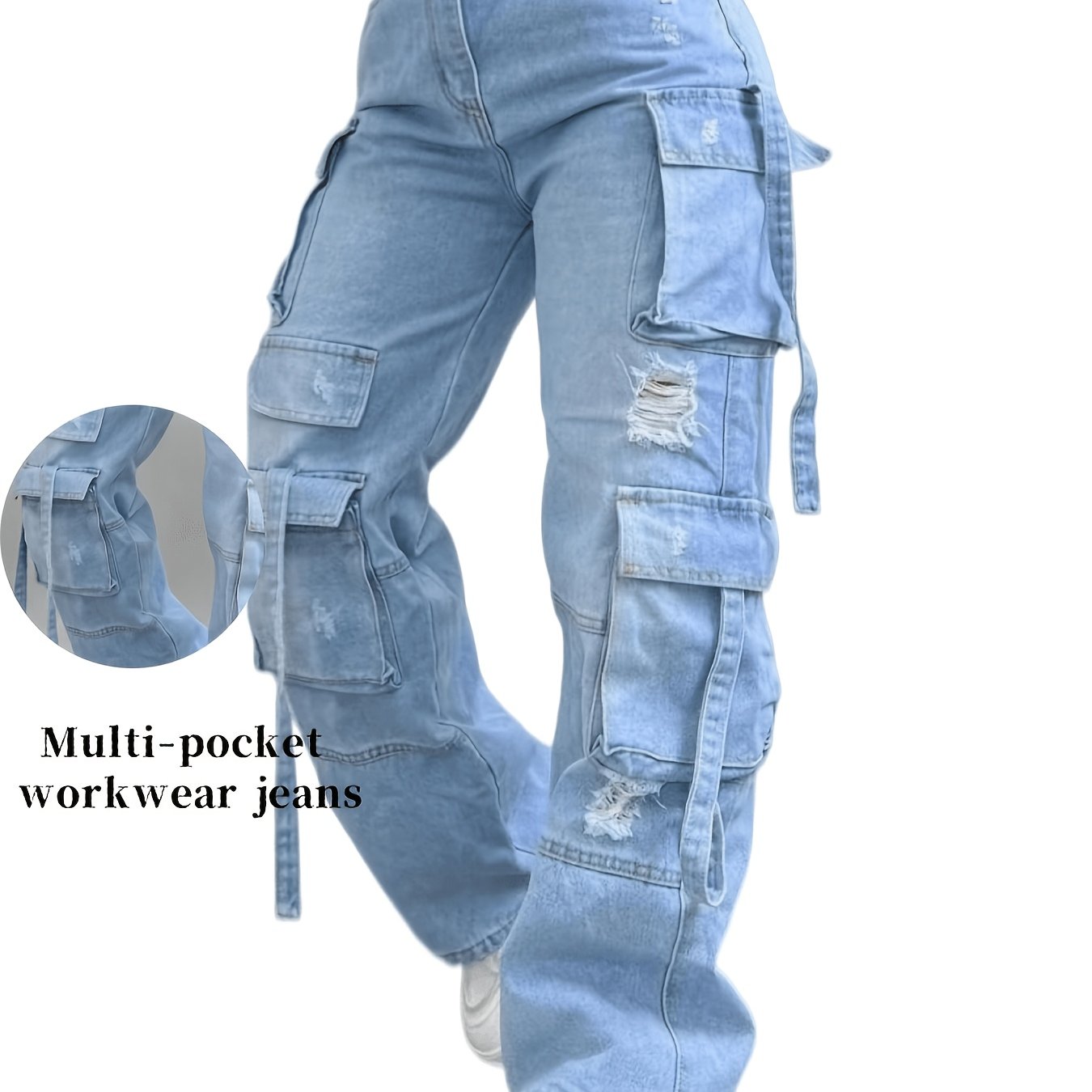 TEMU Women's Vintage Washed Workwear Jeans - Multi-pocket Mid-rise Straight- Pants With Beltless & Built-in Zipper Closure, Hand-washed Suitable For