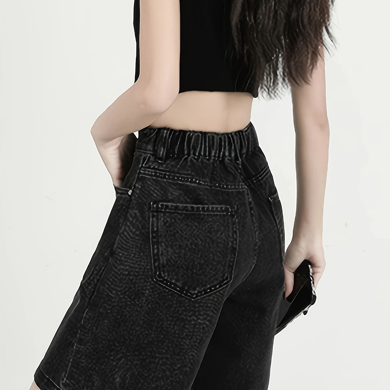 Plain Loose Fit Elastic Waist Denim Jorts, High * Slash Pocket Retro Denim  Shorts, Women's Denim Jeans & Clothing