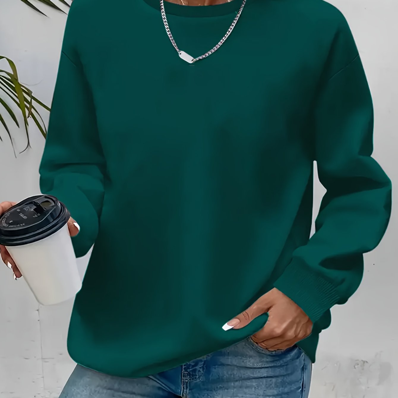 E-shop Plus Size Damen Casual Rundhals Langarm-Pullover - 100% Polyester Maschinenwaschbar, Uni-Grün Herbst-Winter Mode-Essential für Freizeit & Urban