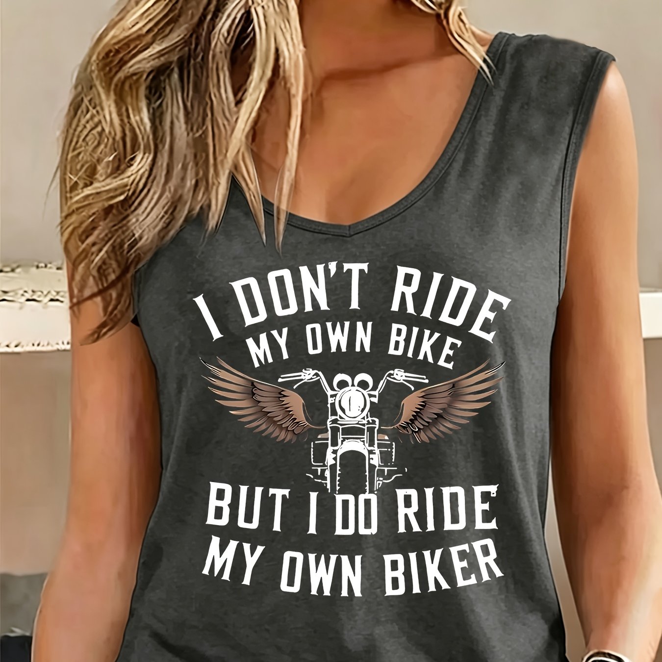 TEMU Women's American Motorcycle Humorous Style Fashion Wild Winged Retro Motorcycle Pattern "'t Ride Bike" Printed Wide-shouldered Vest, V-neck