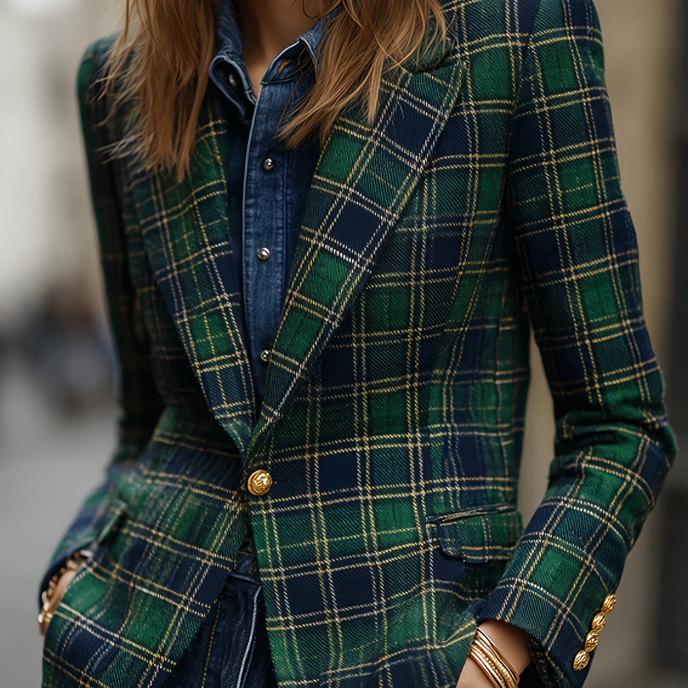TEMU Abrigo a cuadros con temática navideña de Navidad, traje a cuadros verde estilo botones dorados clásicos, ideal para a día, para negocios,