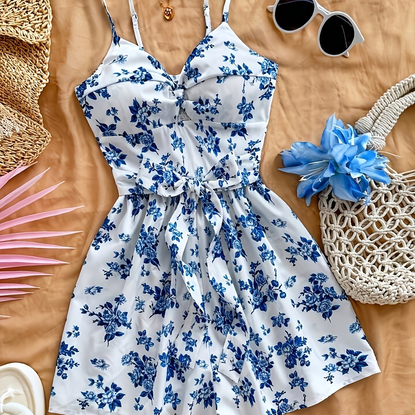 E-shop Sommerurlaub Strandparty Damen-Strampler mit Blumendruck, Spaghettiträgern, verdrehter Vorderseite, Ausschnitt, Gürtel