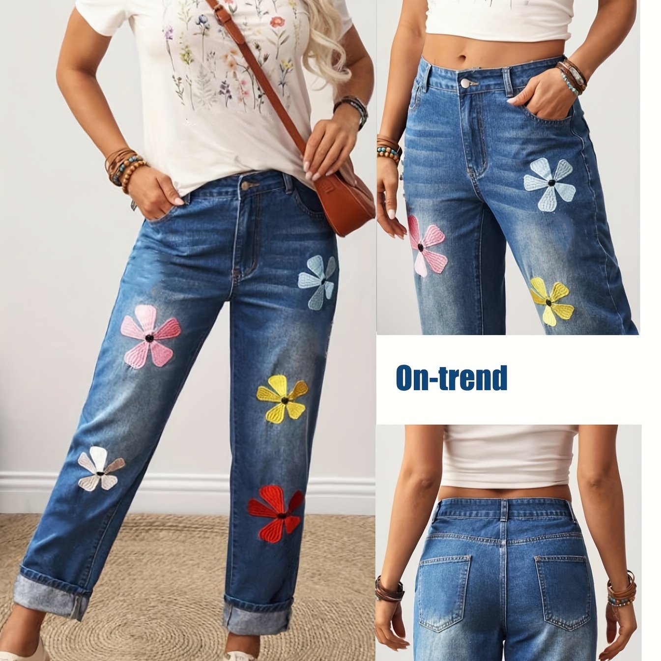 Image of Floral Embroidered Rolled Hem Denim Ankle Jeans, Floral Embroidered Scalloped Tapered Jeans, Women's Stretch Embroidered Denim Pants