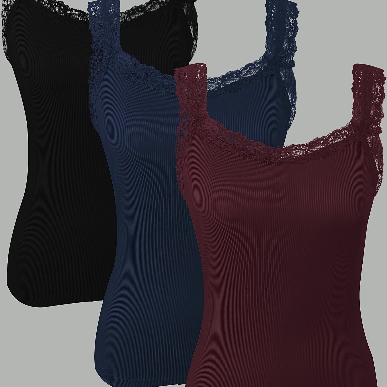 Women's Four-season Sleeveless Lace Trim Tank Top, Comfortable Ribbed Fabric, Fashionable And Elegant, Three-pack