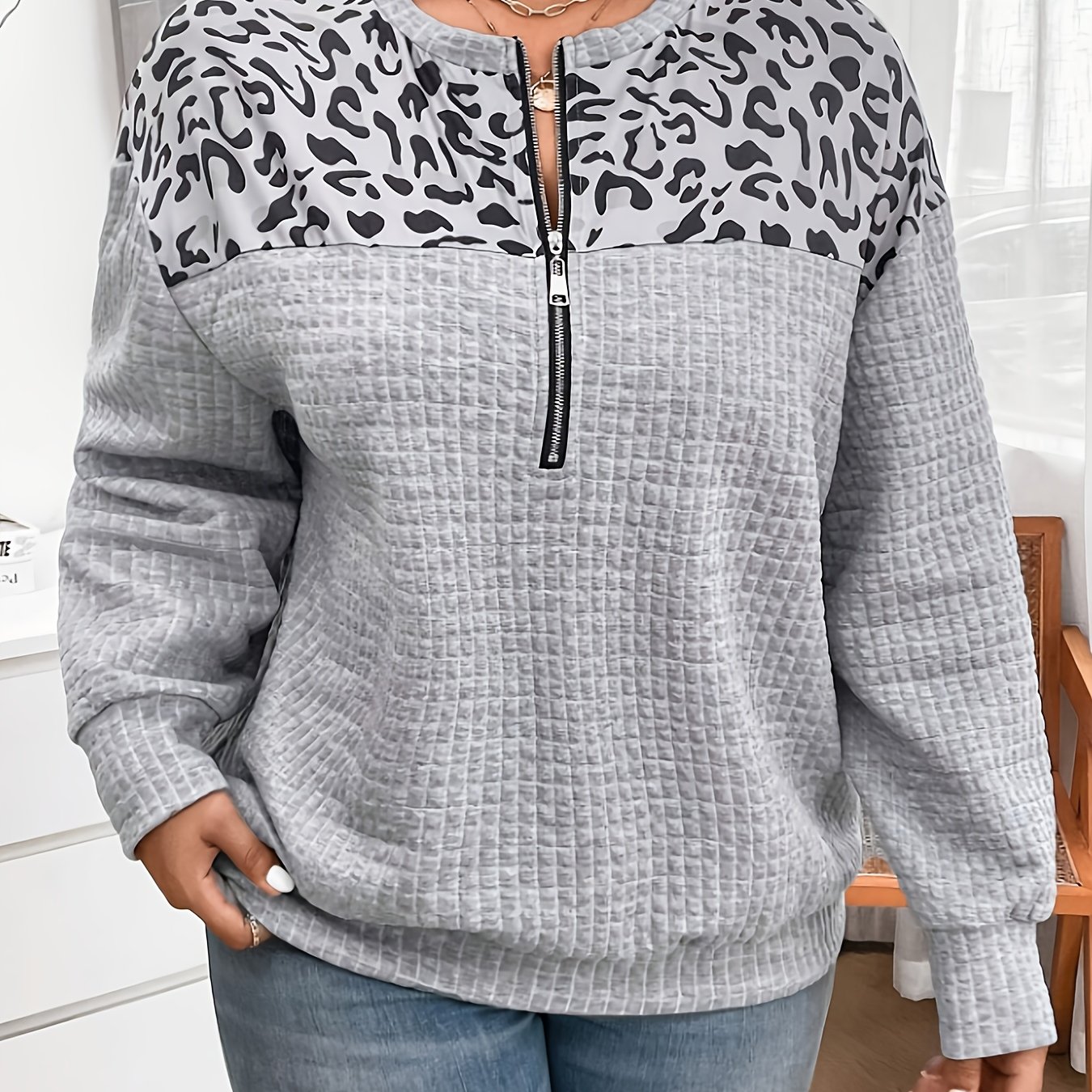 TEMU Plus Size, European And American Cross-border Plus Size Women's Leopard Print Half-zip Sweatshirt