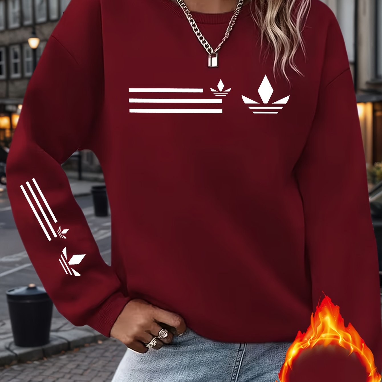TEMU Line Symbol Print, New Y2k Women's Athletic Wear, Fall Winter Casual Round Neck Sweater Single Sleeve Printed Fleece Comfortable Pullover Top