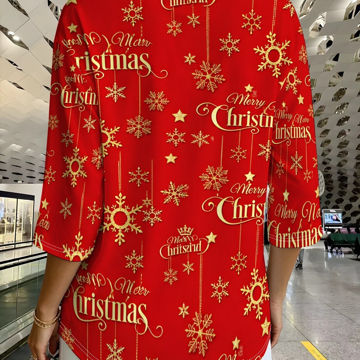 TEMU Christmas-themed Trendy Women's V-neck Mid-sleeve Top, A Loose-fit Basic Casual Top Suitable For Christmas Celebration Scenes, To The Festive