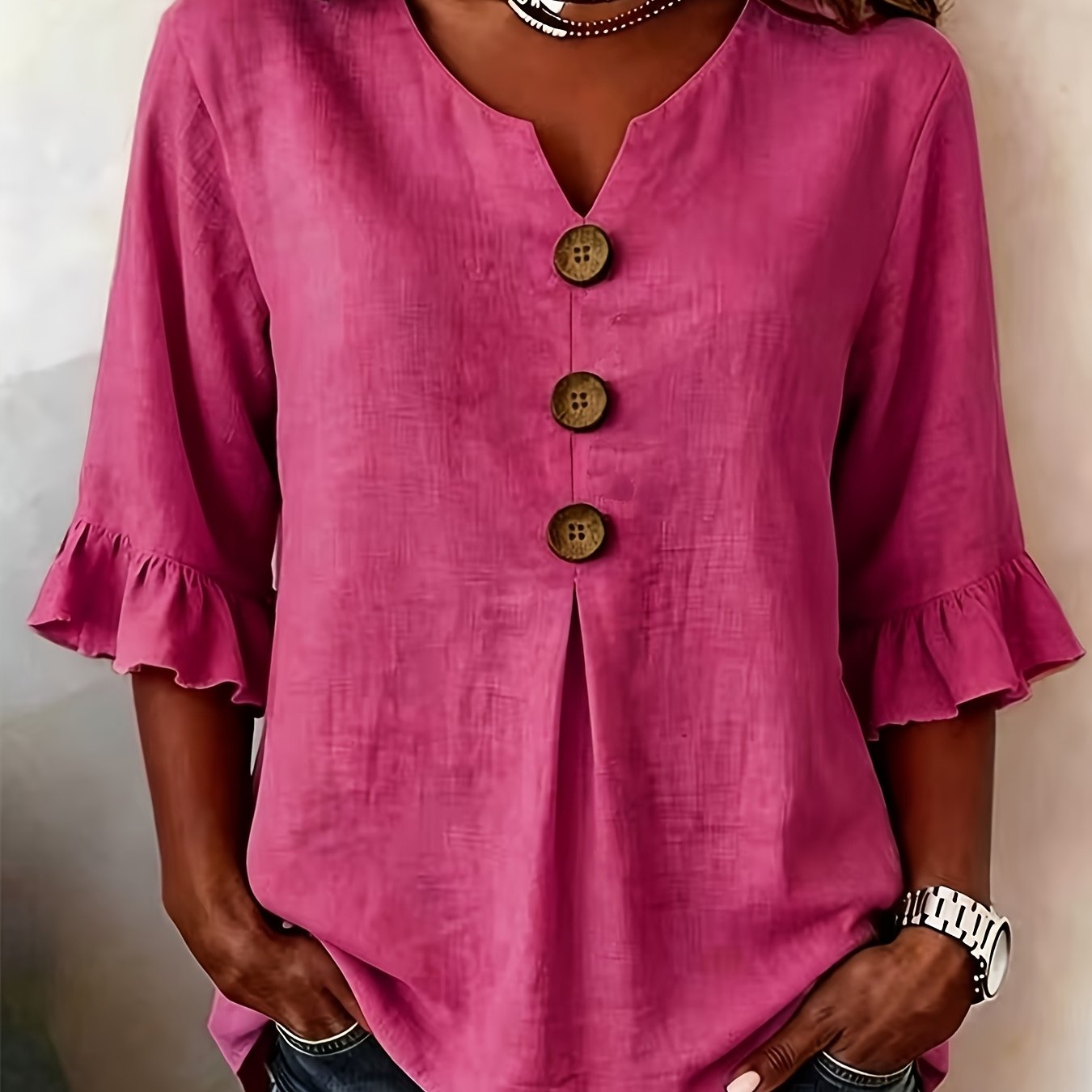 TEMU Women' Color Summer V-neck Casual Top, Ruffle Sleeve Versatile Commuter Top, Casual Blouse