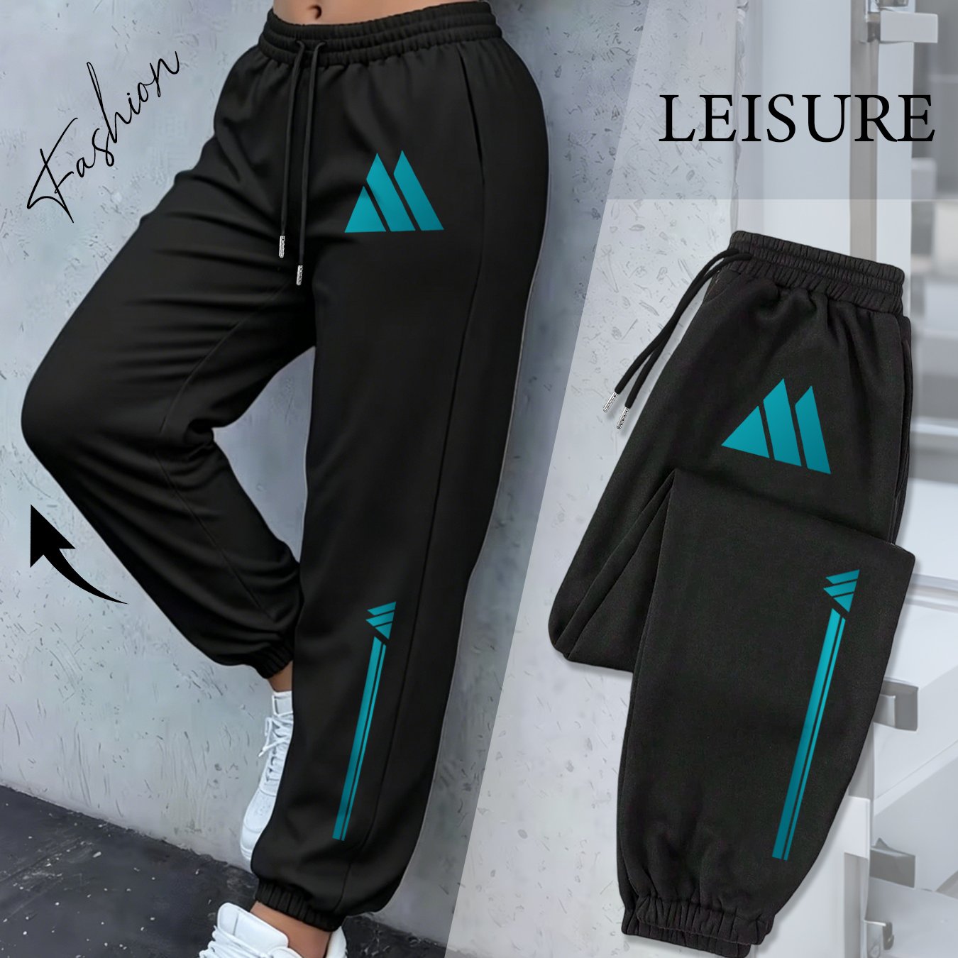 TEMU Turquoise Triangle Geometric Vertical Stripe Print Ankle-cinching Joggers Women's High-waist Drawstring Loose Outdoor Casual Trousers
