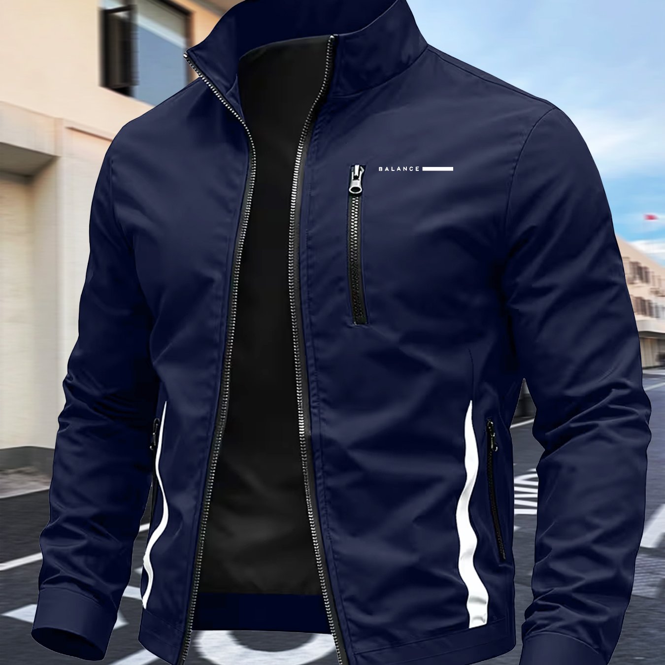 TEMU 's Windbreaker, Emblem Print, With Zipper And Multiple Pockets, Casual Light Outdoor Contrast Striped Windbreaker