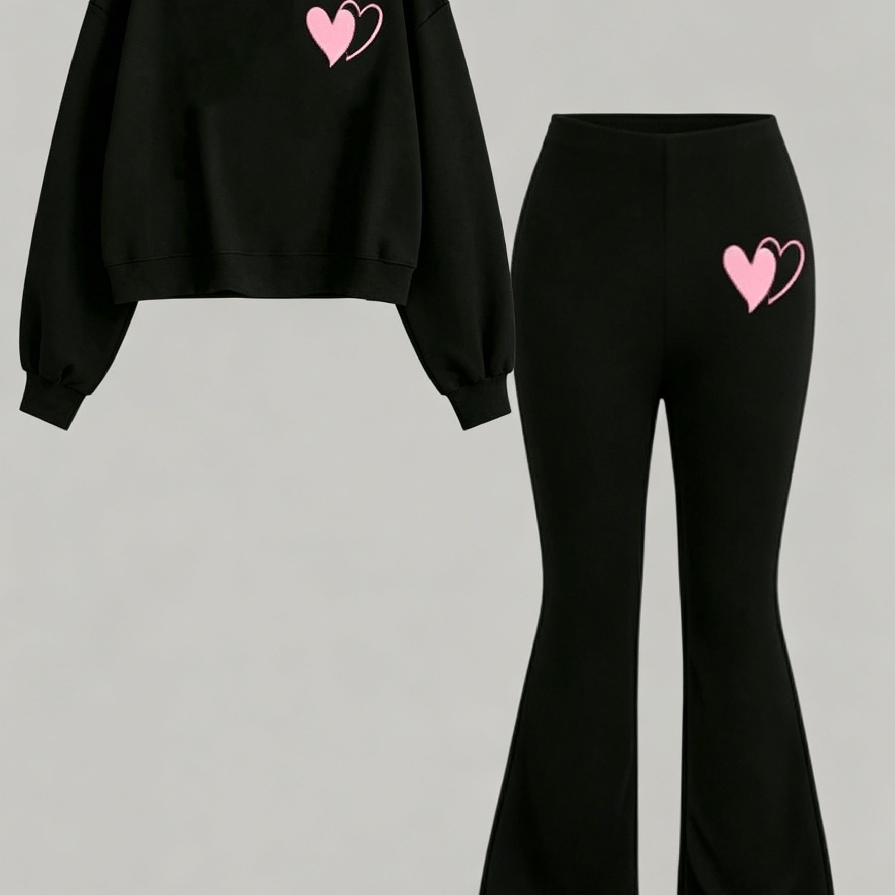 Image of 2pcs Girls' Heart Pattern Crewneck Sweatshirt + Flared Pants Set, Mid-child, Autumn/winter Style, Perfect For Outdoor