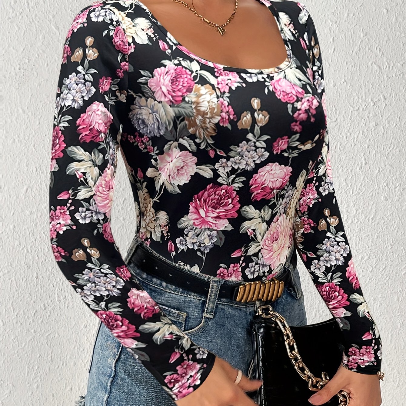 Fashion Floral Print V-neck Long Sleeve T-shirt