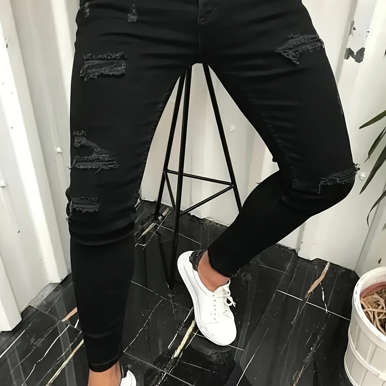 Geng Yuan Men's Distressed Skinny Stretch High-quality Jeans