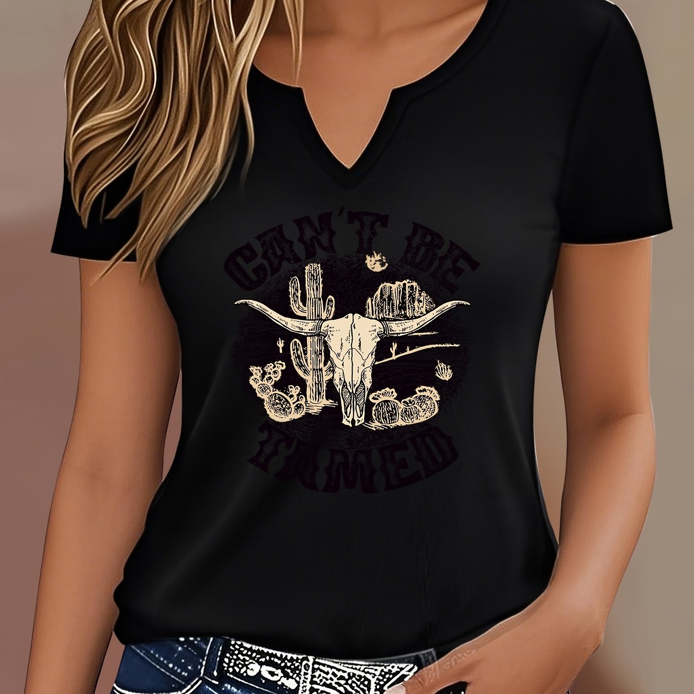 TEMU Women's Black Cowgirl Letter Print V-neck T-shirt - Short Sleeve Casual Top With Western Graphic Design, Medium Stretch & Machine Washable For ,