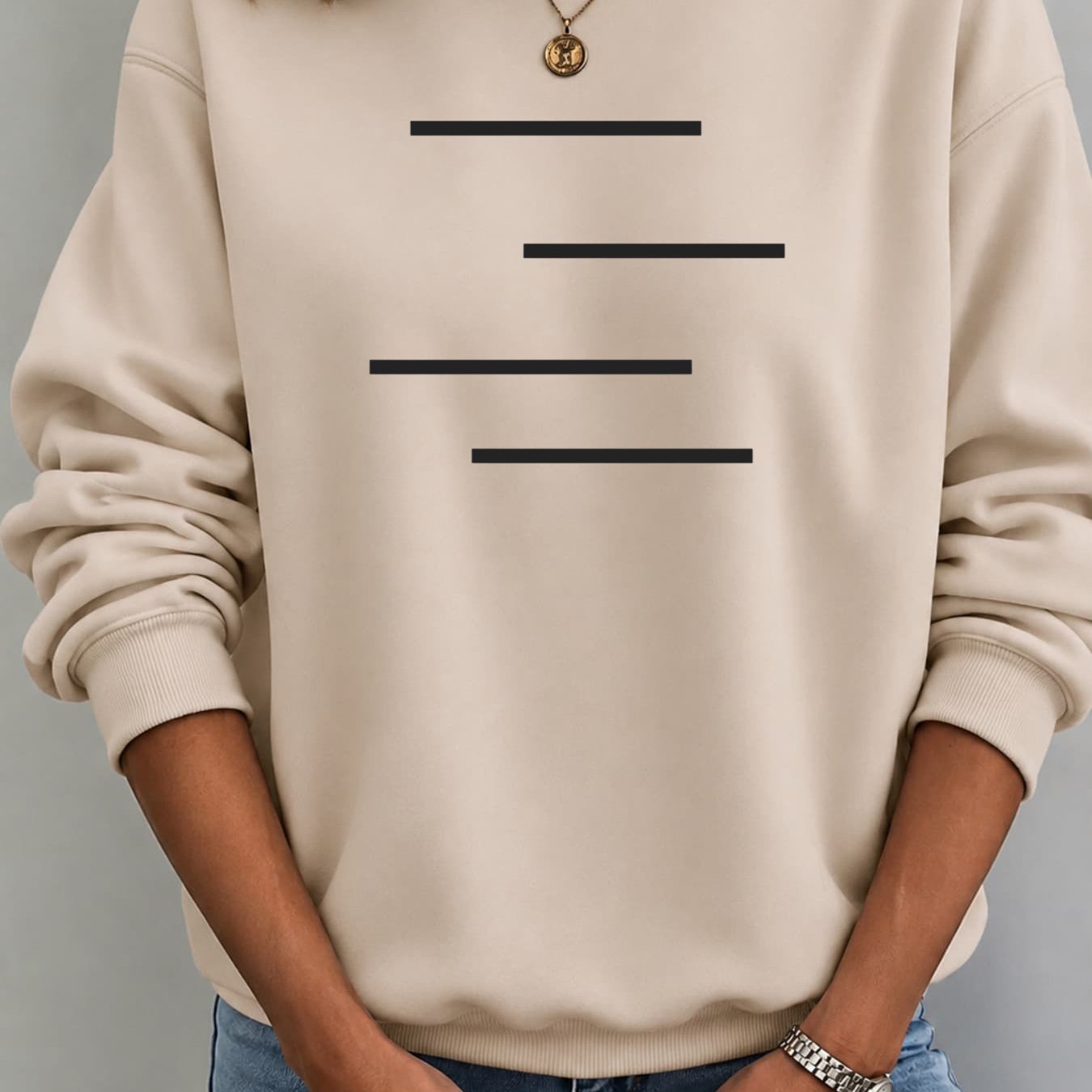 Image of Autumn/winter New Fleece Hoodie For Women: Loose Fit, Black Horizontal Stripe Print, Comfortable And Breathable, Casual Daily Wear, Round Neck Pullover Sweatshirt