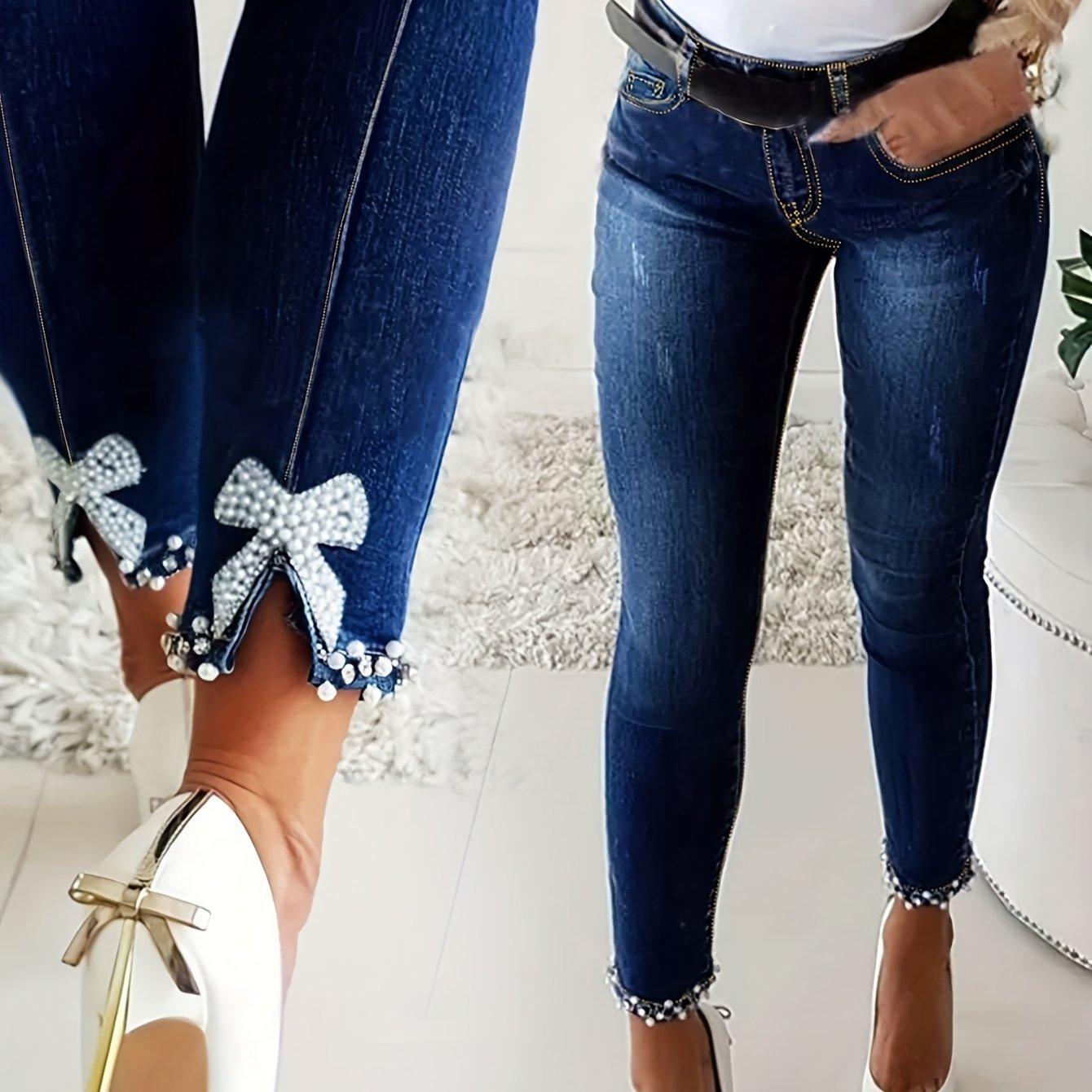 Image of Fashion Bow-embellished Slim-fit Jeans For Women, Stretchy Tight Pearl-decorated Script Slit Casual Outing Date Jeans