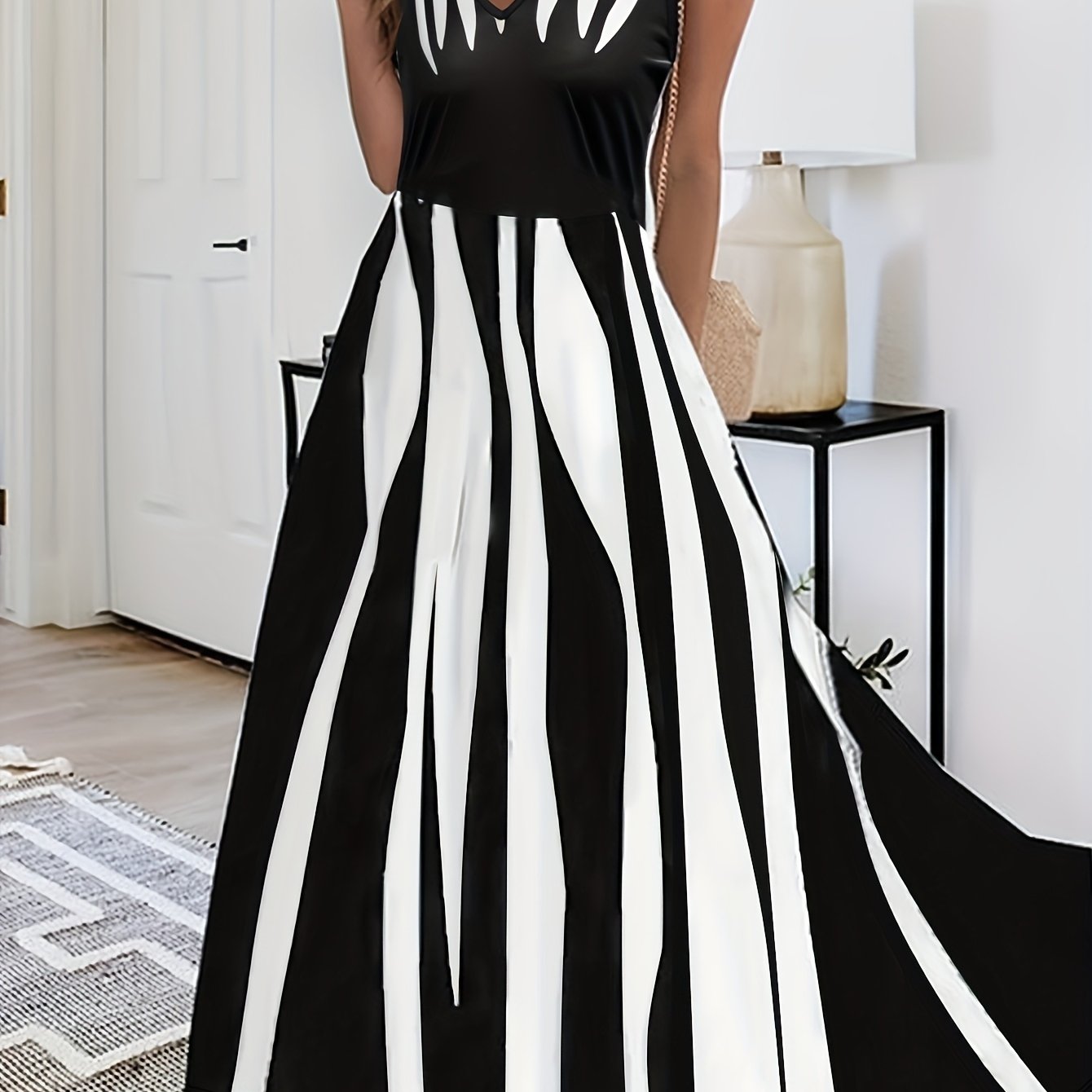 Image of Summer Dress: Elegant V-neck Sleeveless Dress With Contrasting Stripe Pattern, Versatile For Casual And Formal Occasions, The -functional Midi Dress For Summer