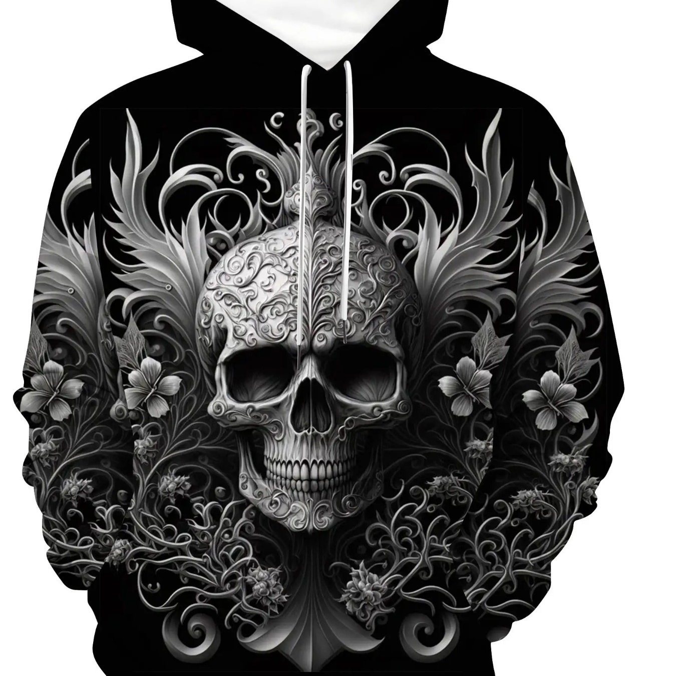 TEMU New 3d Men's Long-sleeve Casual Hoodie With Skull And Floral Print, Fashionable Casual Sweatshirt, Printed Hoodie, Stylish Graphic Hoodie For