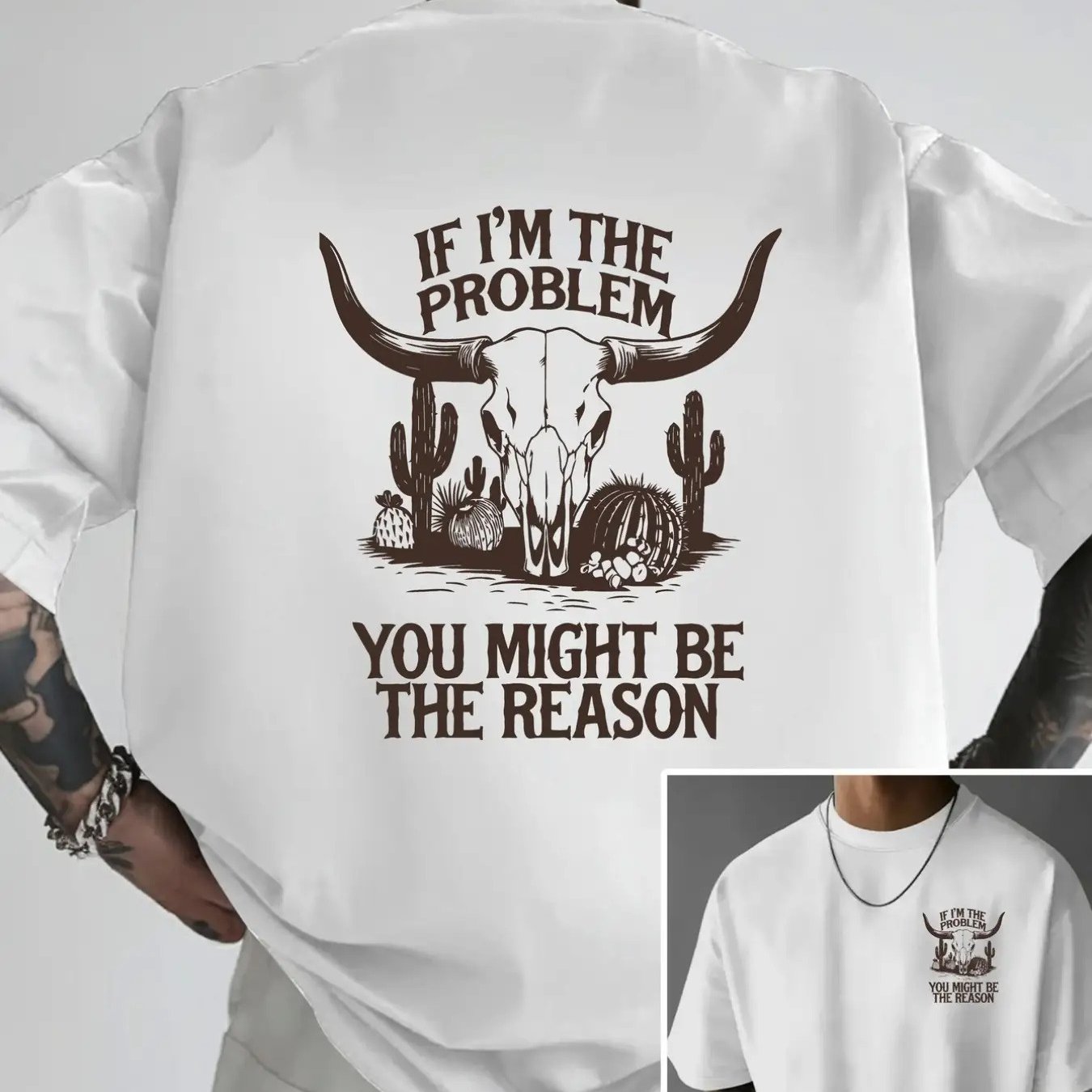 TEMU Western Cowboy, Double-sided Print Pattern Of Longhorn Skull Men's Fashionable T-shirt, Suitable For Home Daily Leisure Or Activities, A Trendy