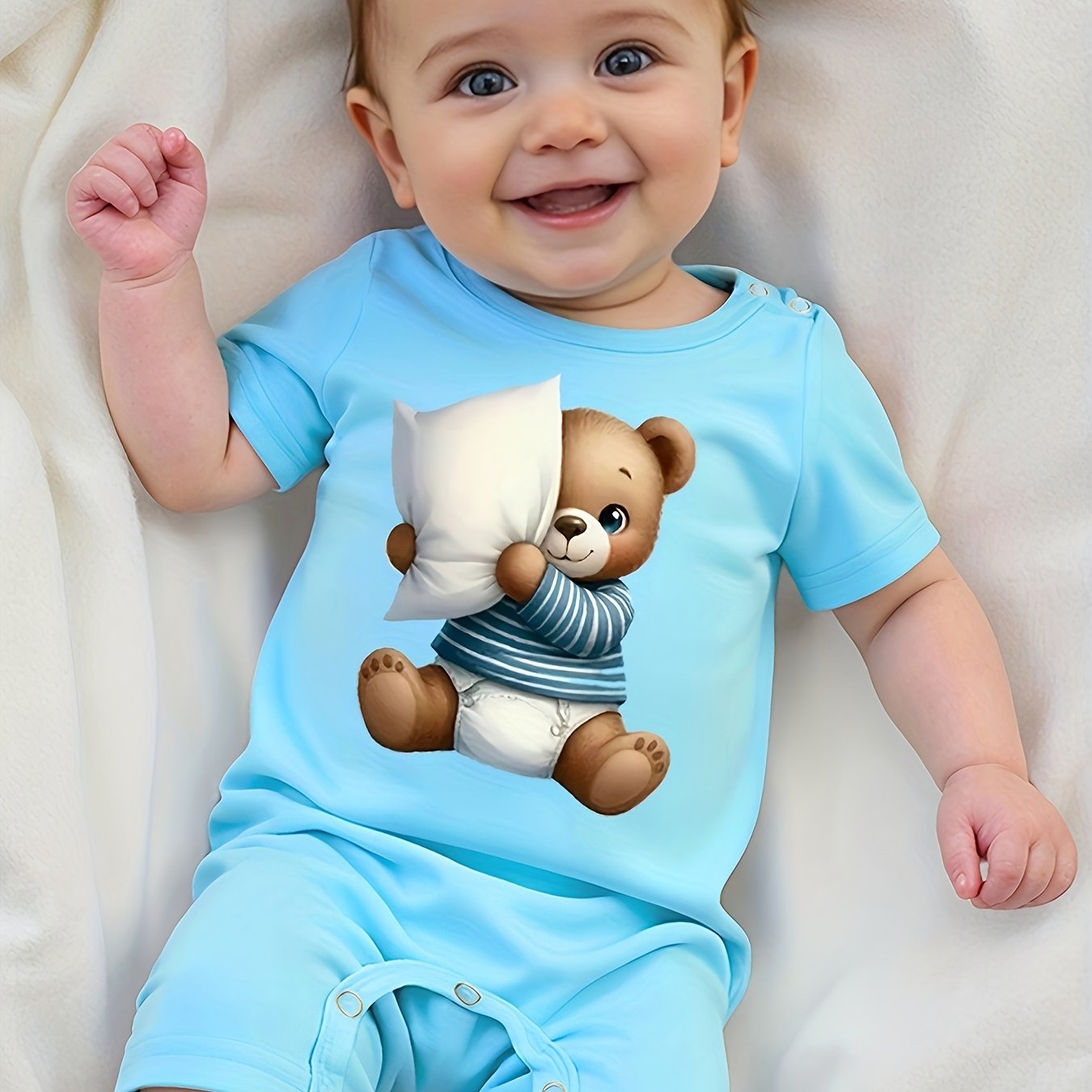 Image of Cartoon Print Summer Short Sleeve Baby Bodysuit Romper Soft Comfortable Breathable Infant Clothing Pregnancy Gift, For Outdoor