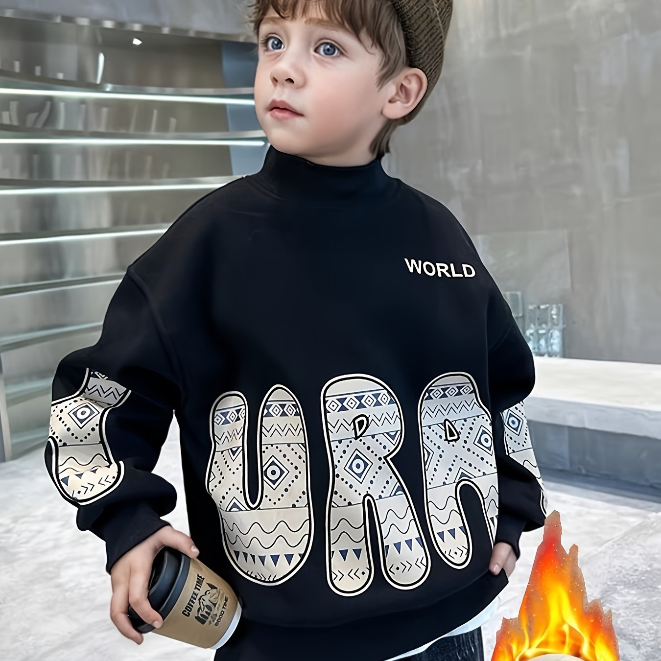 Boys' Cozy Fleece-lined Sweatshirt - Casual High Neck, Long Sleeve Pullover For Fall/winter - Stylish & Warm ' Top