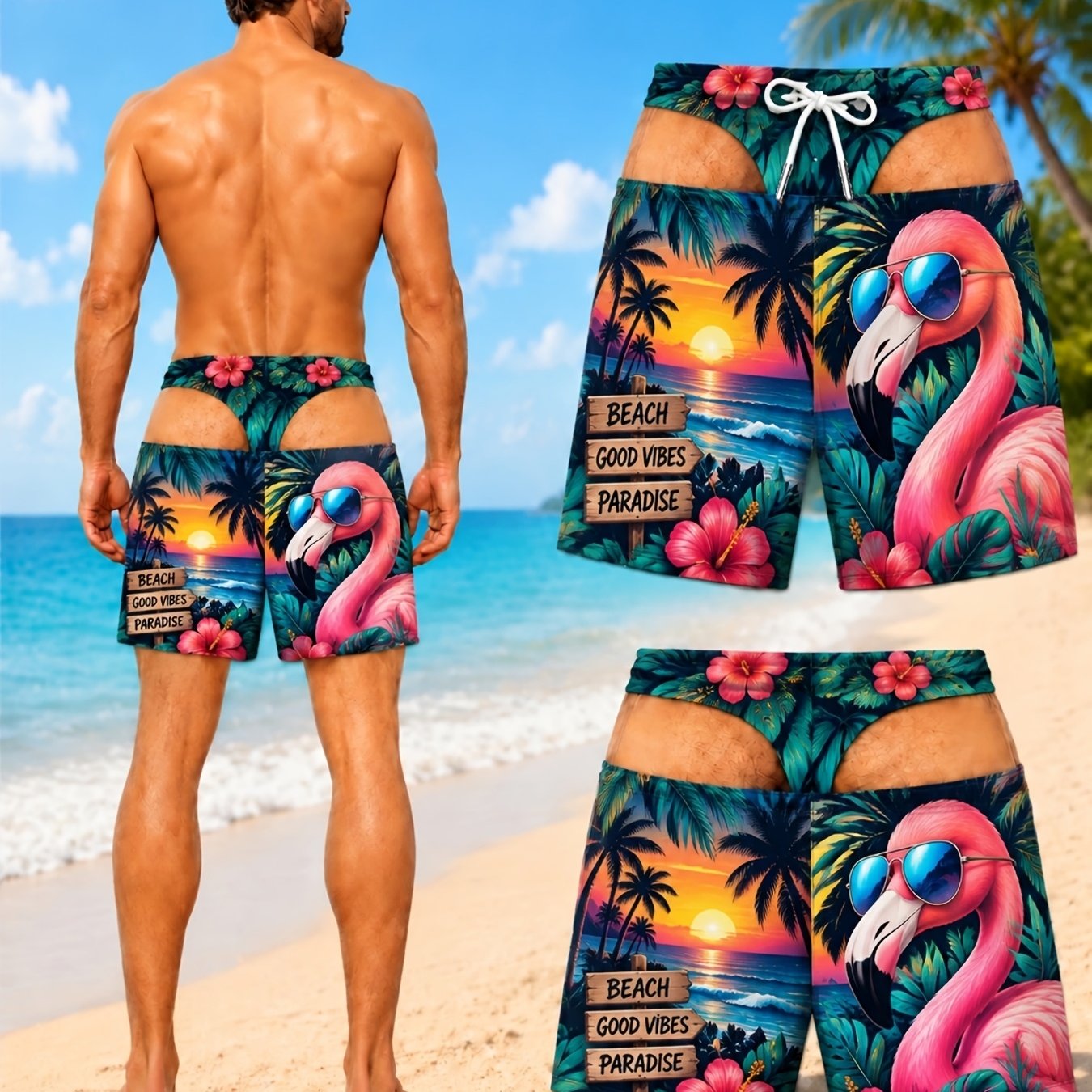 TEMU [print Design Non-textured] 1pc Summer Men's Shorts Abstract Retro All-match Trendy Men's Tropical Flamingo Swim Trunks, Sunset, Palm Trees,