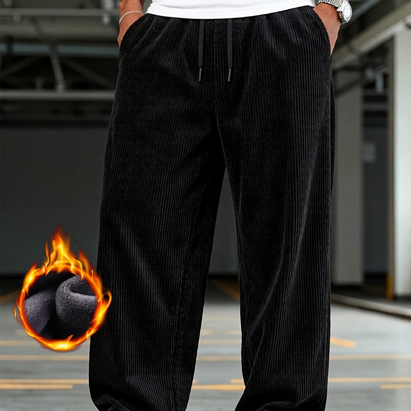 TEMU Pantalon décontracté chaud en pour hommes, automne-hiver, tissu en velours épais, et chaud, pantalon long d'hiver pour hommes, pantalon