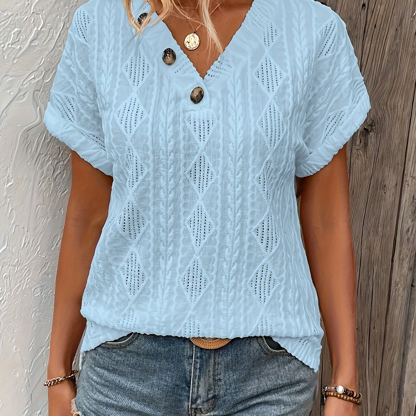 Image of Cross-border European And American New Women's Casual Solid Color Button V-neck T-shirt
