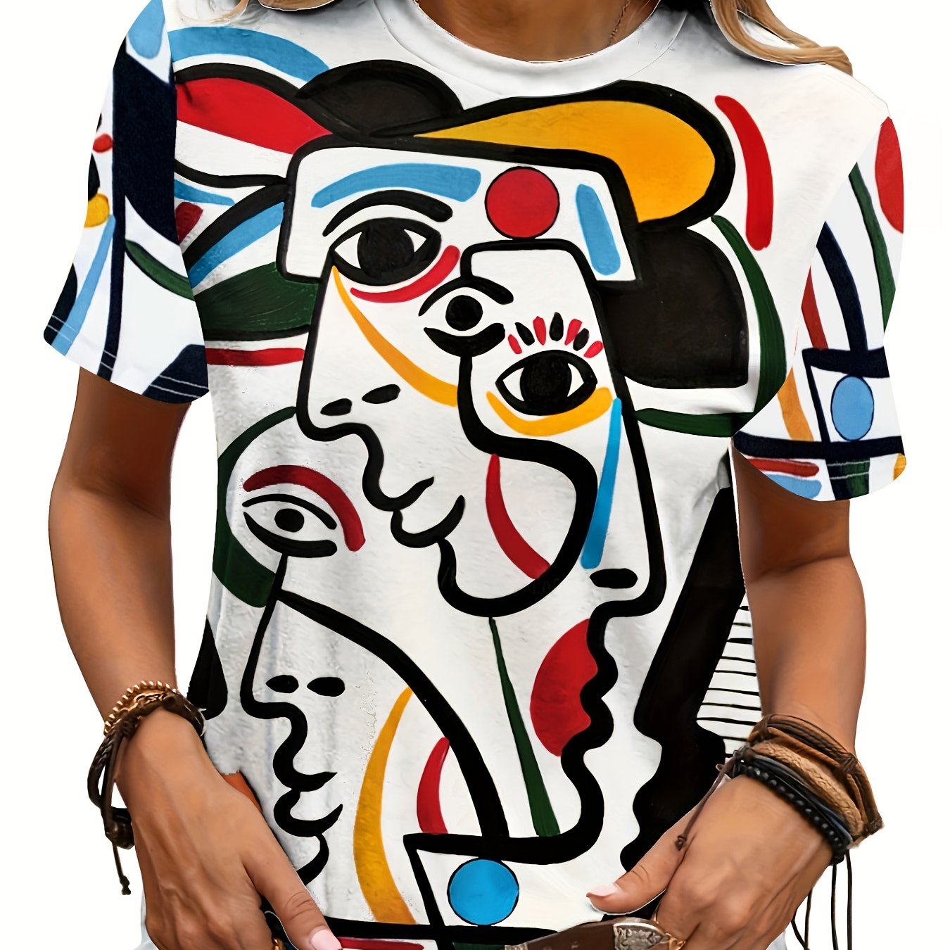 Targeted Style Abstract Color Block Graphic Transfer Print Round Neck T-shirt Fashion Casual Medium Elasticity Shirt New Women's Short Sleeve Top
