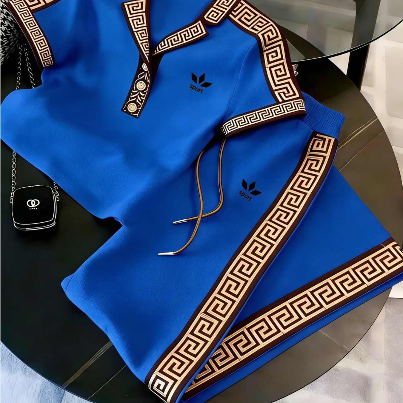 Men's Greek Key Pattern Blue Shirt & Drawstring Shorts Set Street Style Casual Sportswear For Adults Men