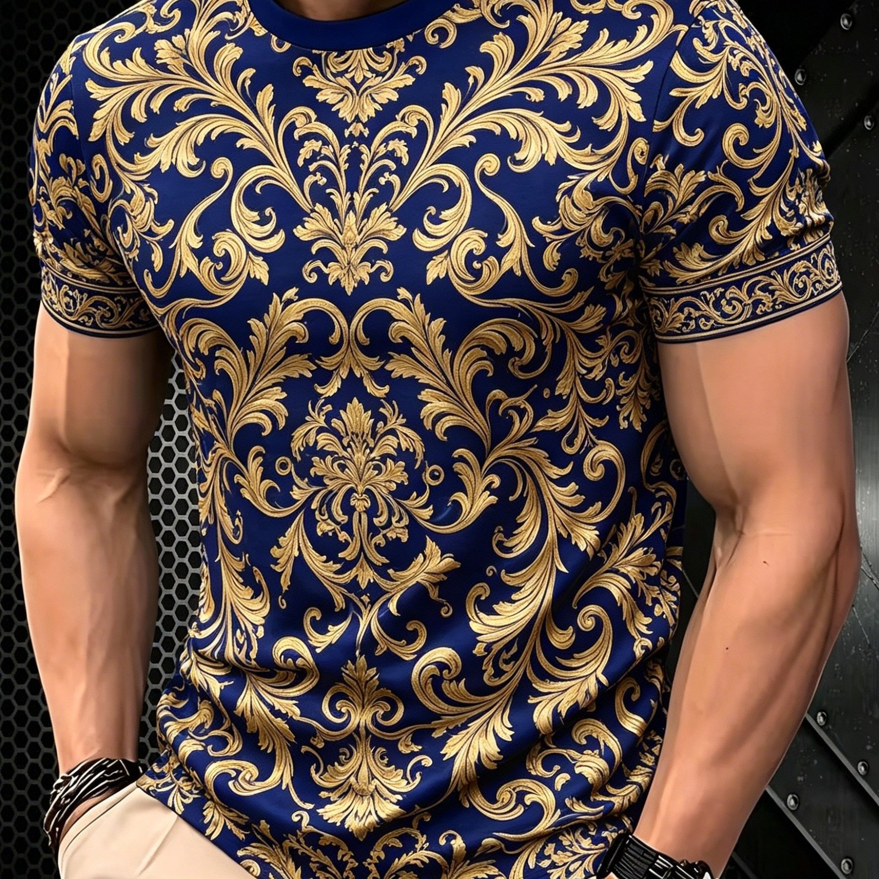 TEMU [printed Design - Non-textured] Casual Sport Style T-shirt, Blue Golden Baroque Print Short Sleeve Men's T-shirt, Enlarged Loose Fit Round Neck