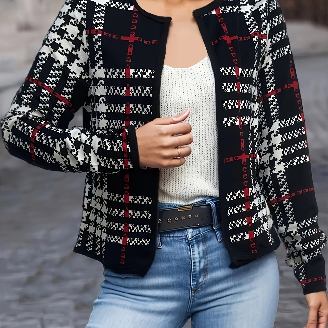 TEMU Houndstooth Print Open Front Jacket, Casual Long Sleeve Jacket For Spring & Fall, Women's Clothing