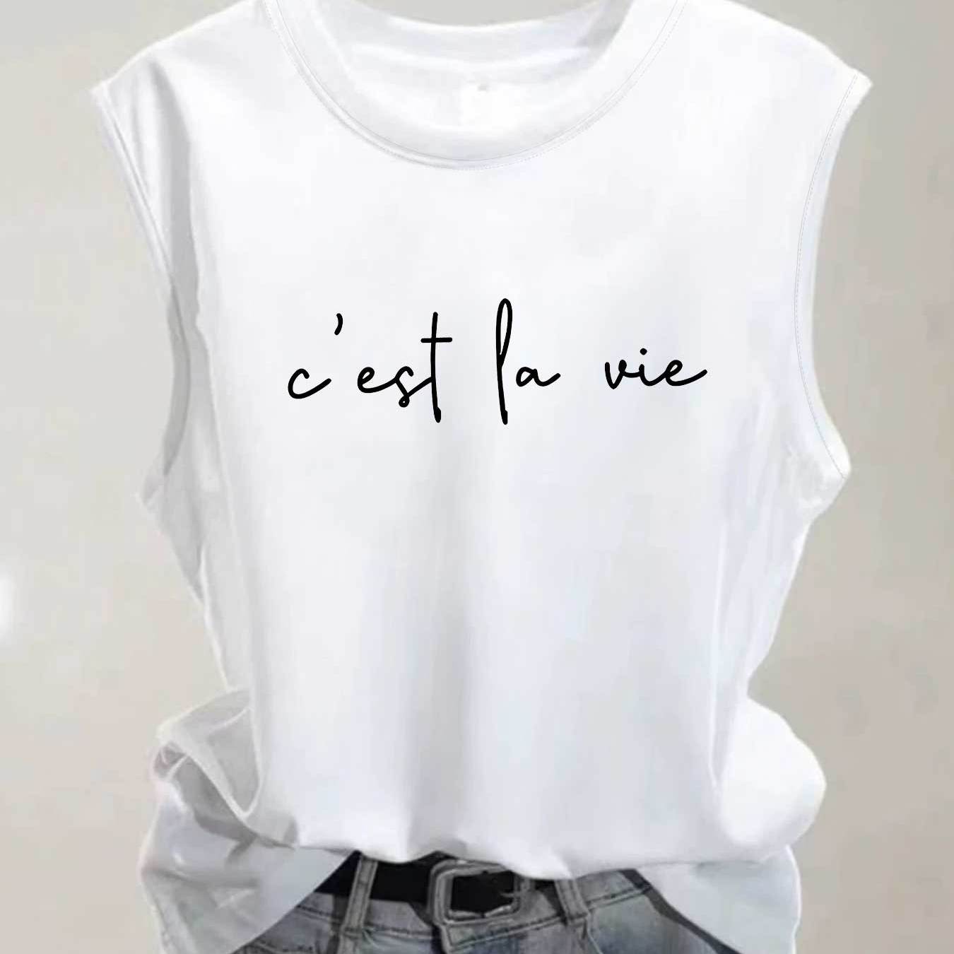 TEMU 신상 봄/여름 여성용 탑, 캐주얼 스타일, "" 캘리그라피 프린트, 데일리 캐주얼웨어, 패셔너블하고 활용도 높은, 편안하고 통기성 좋은, 민소매, 라운드 넥, 여성용 탱크탑