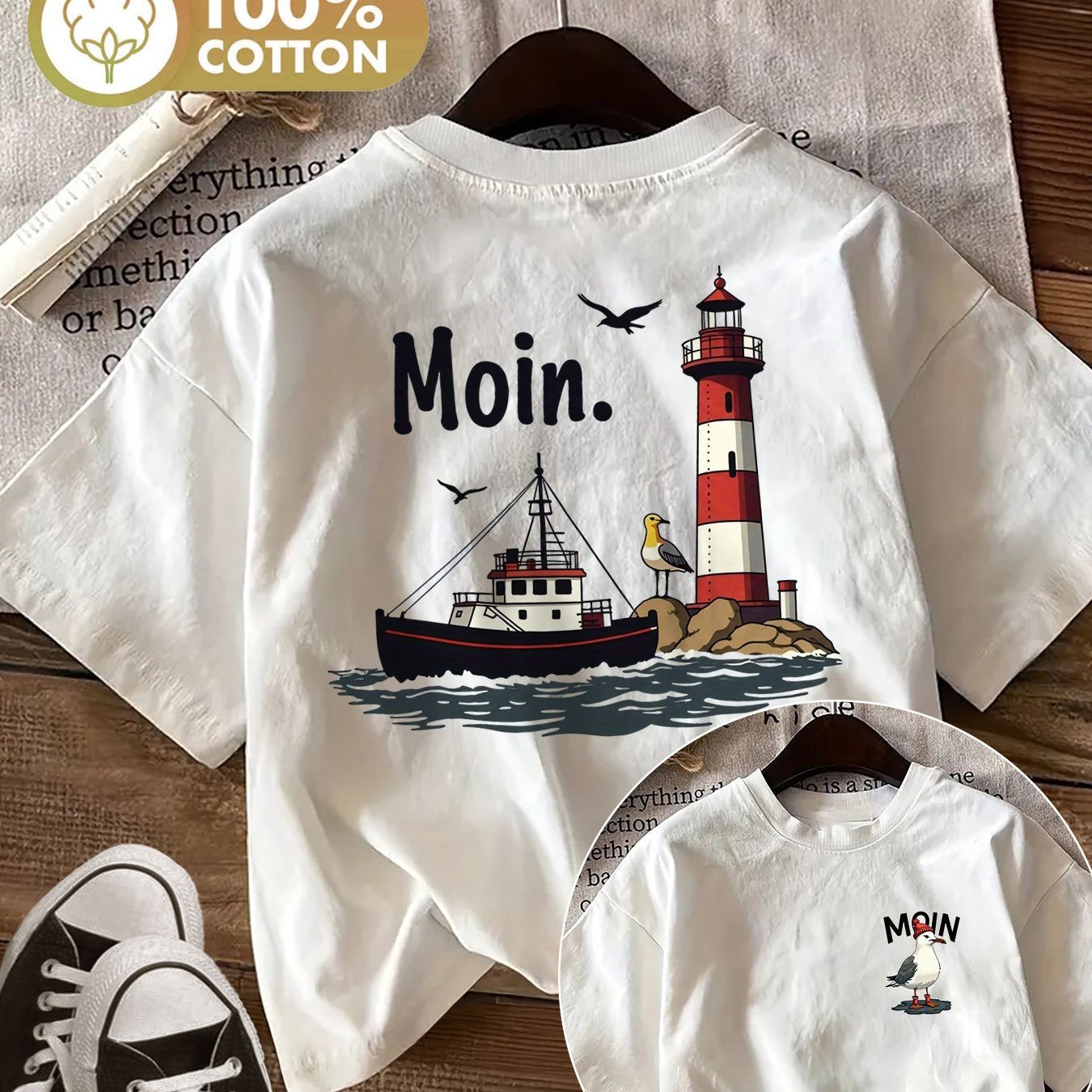 Image of Women And Men's Summer Apparel, Double-sided Print, Ocean Theme, Lighthouse, Ship, Seagull, "moin" Print, , Daily Casual, Round Neck, Short Sleeve T-shirt