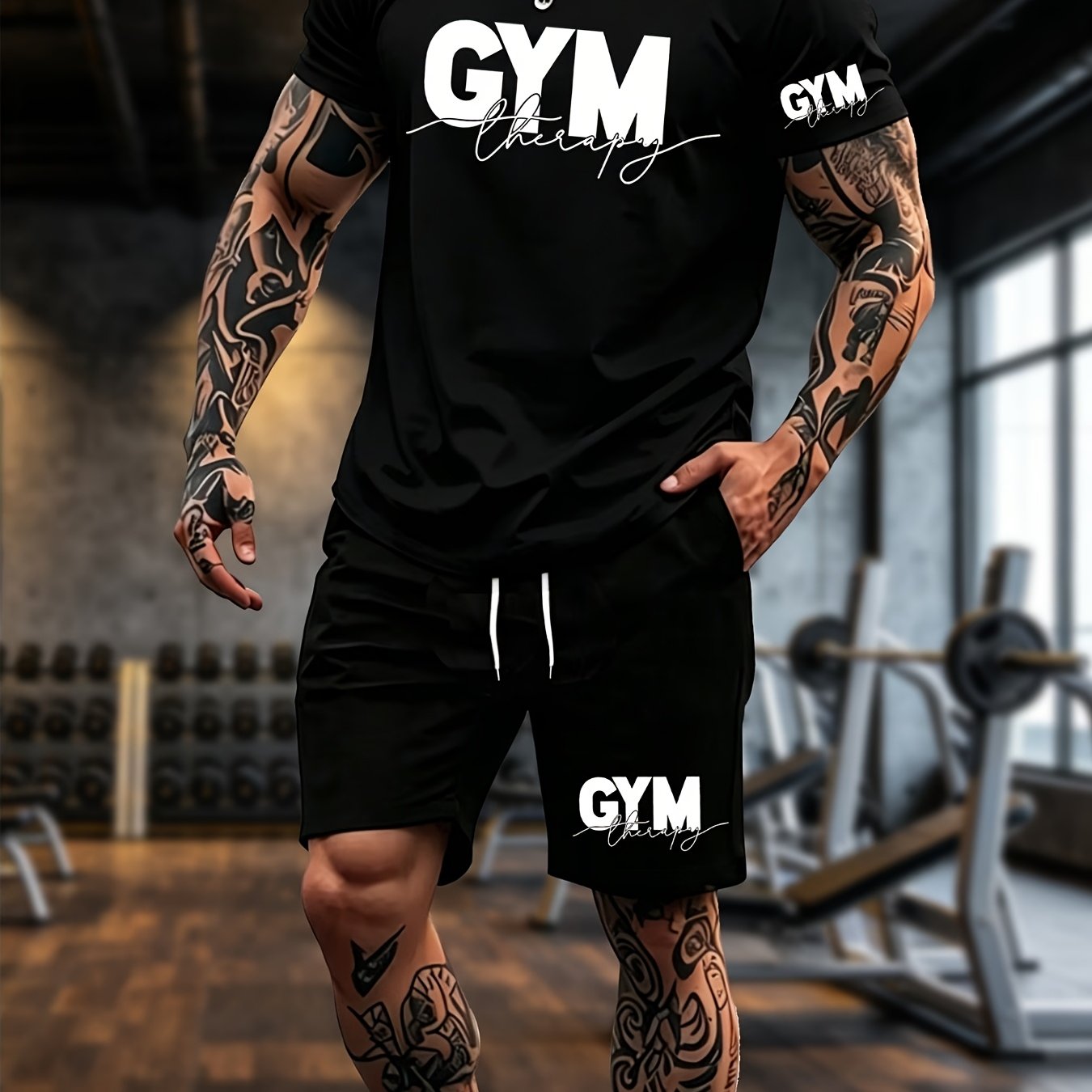TEMU Casual 2pcs Set Letter Print Short Sleeve T-shirt And Elastic Waist Drawstring Shorts Lightweight Breathable Training Outfit Daily Fitness Wear