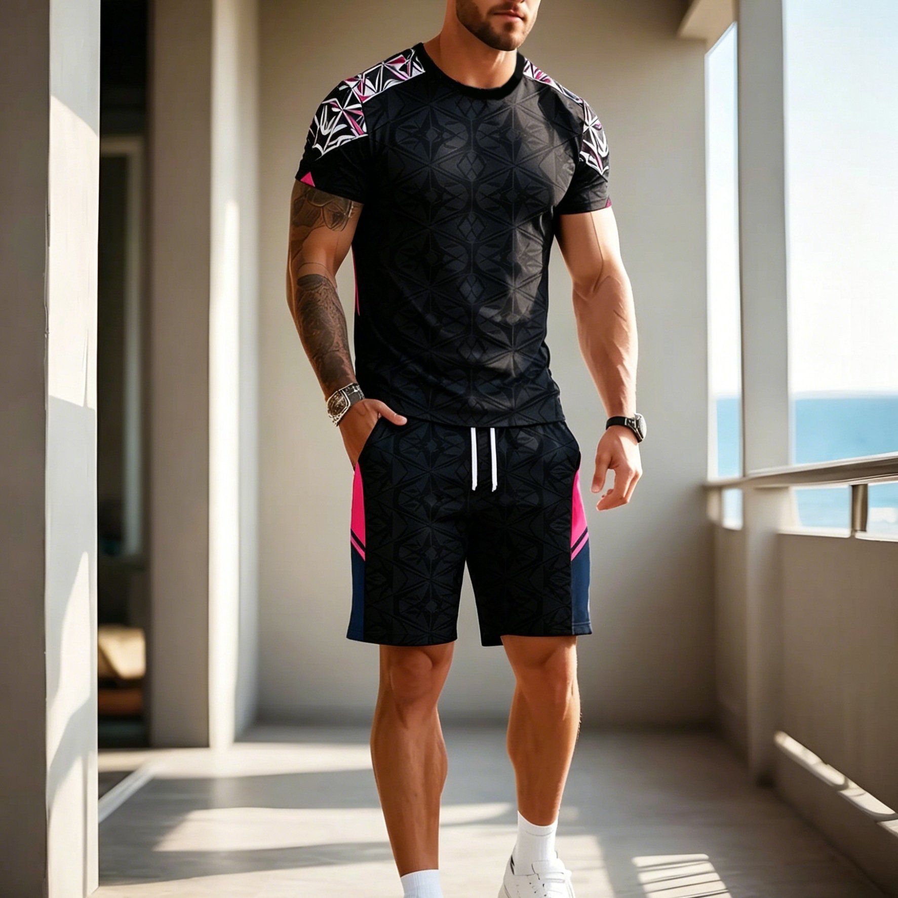 TEMU Ensemble Homme Été Imprimé 3D, Tendance, Respirant, Manches Courtes avec Short à Poches à Cordon, Blanc, Ultra et Séchage Rapide