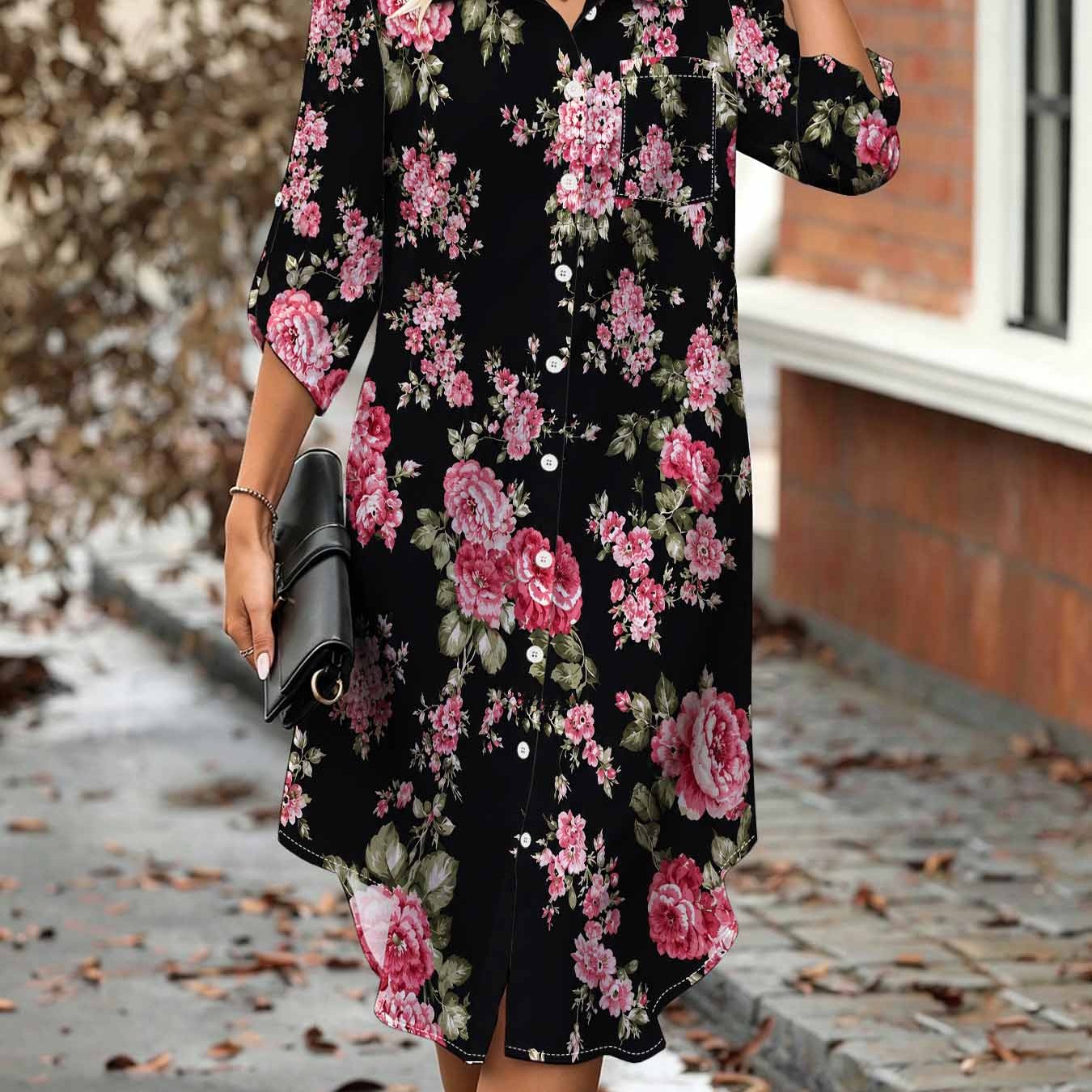 Image of Plus Size, Plussize Women's Vintage Floral Print Shirt Dress, Collar, Aline Midlength With 3/4 Sleeves, Collar And , Elegant Shirt Dress With Chest .