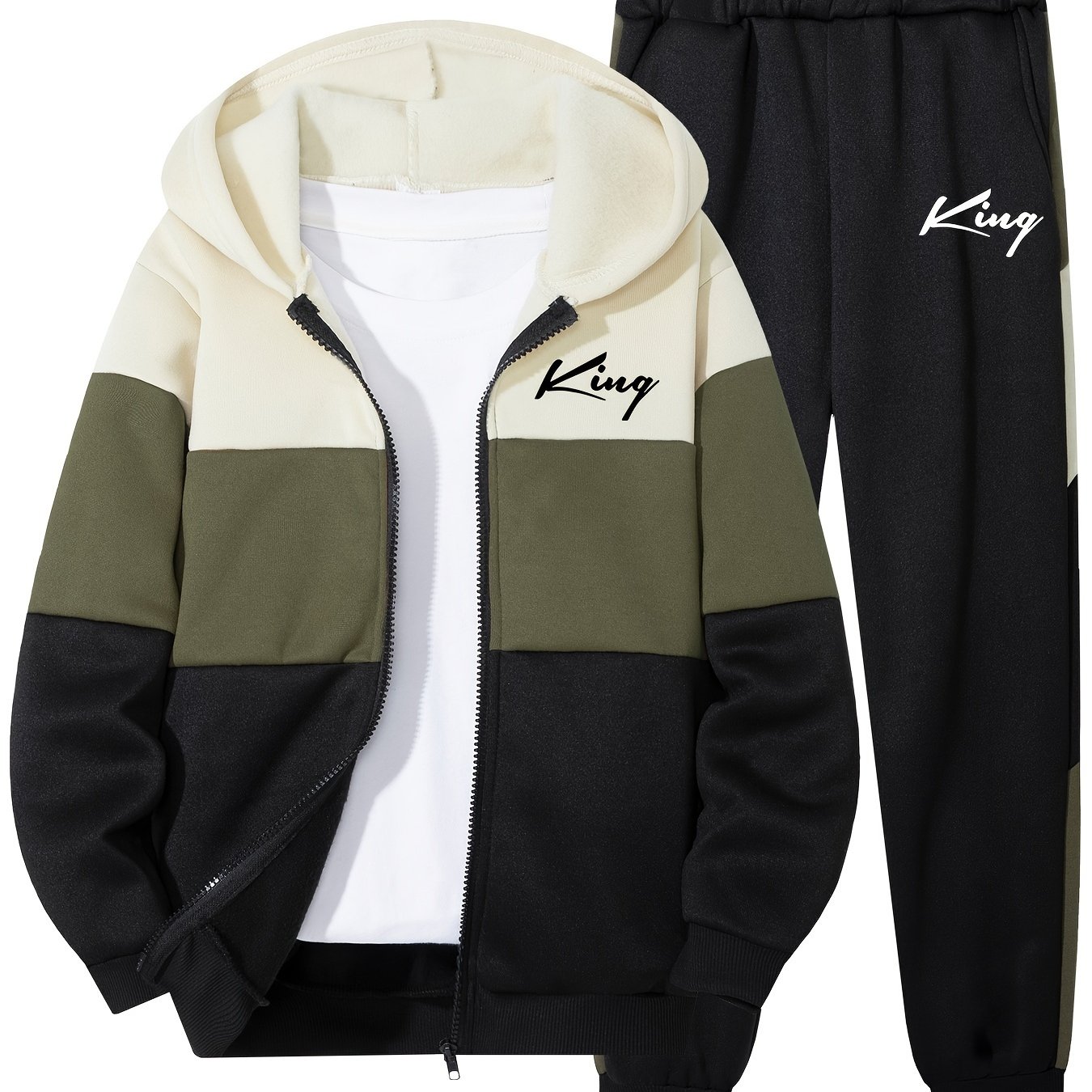 Image of 2pcs Boys' Contrast Color Zipper Hoodie & Sweatpants Set, Fashionable Letter 's Autumn/winter Fleece Casual Sports Suit, Perfect For Outdoor